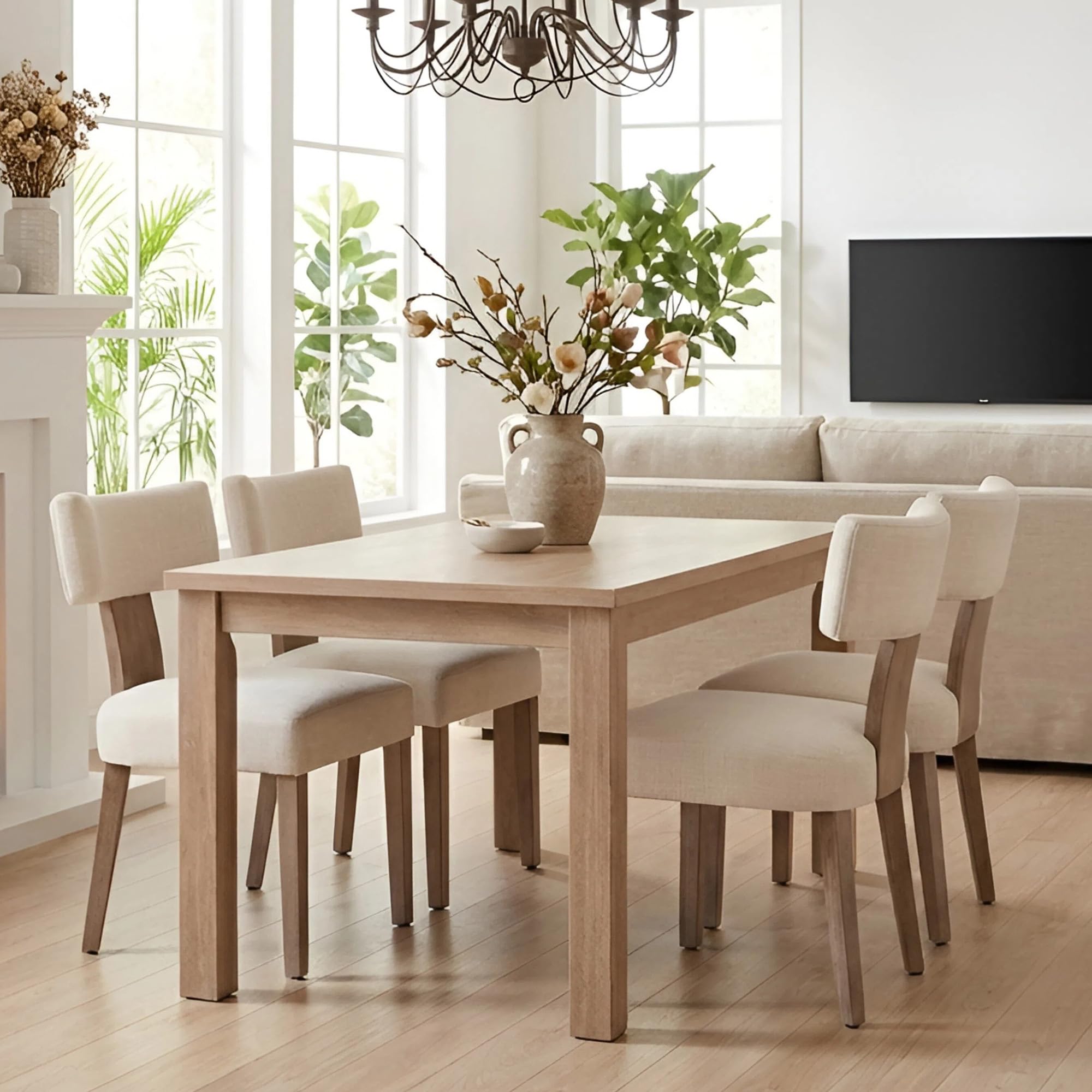 Wahson Farmhouse Dining Chairs Set of 4, Beige Upholstered Mid Century Modern Kitchen Chairs with Natural Wooden Legs, Linen Fabric Dining Chairs with