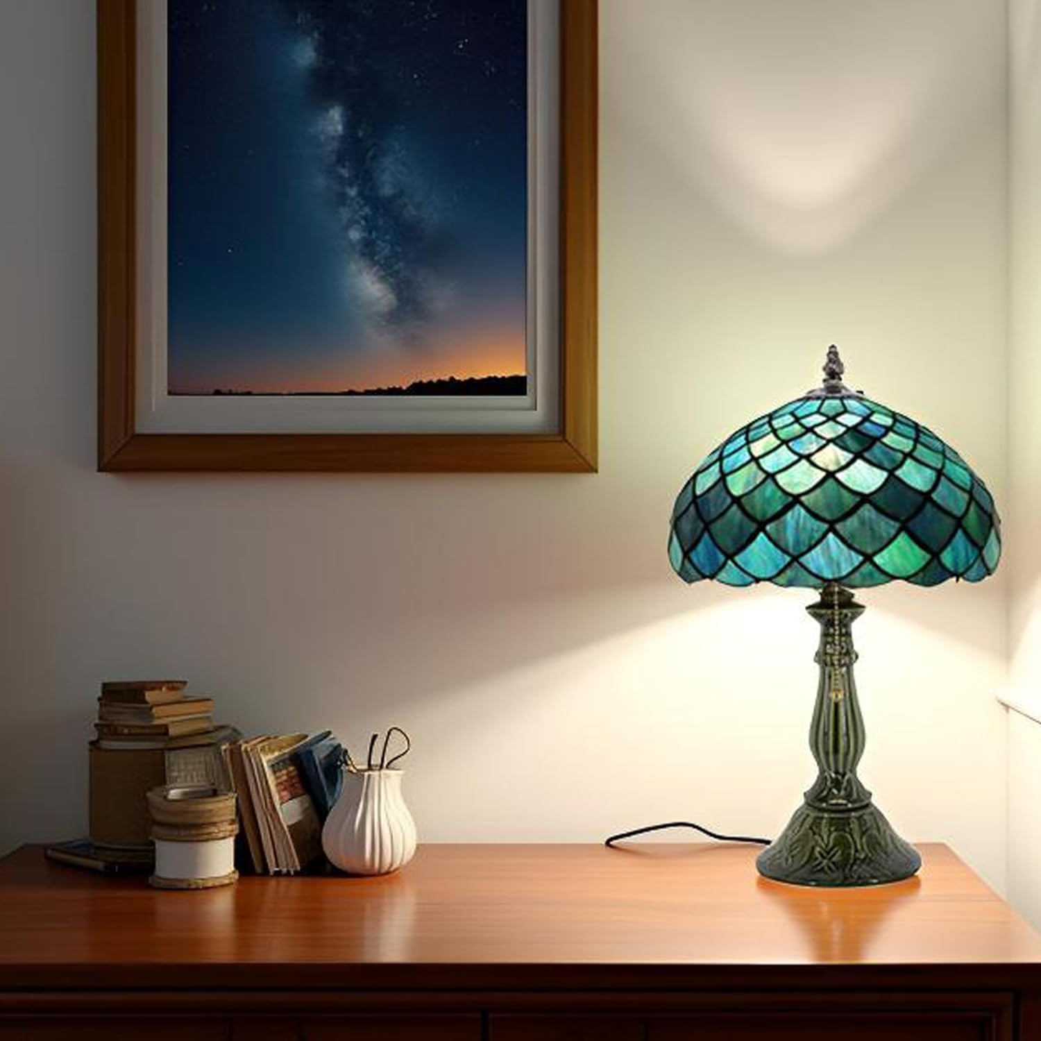 Tiffany Lamp Stained Glass Table Lamps Sea Blue Fish Scales Style Desk Lamp12X12X18.5 Inch Bronze Ceramic Base Reading Light Suitable for Bedside Bedroom Living Room Dining Room Office