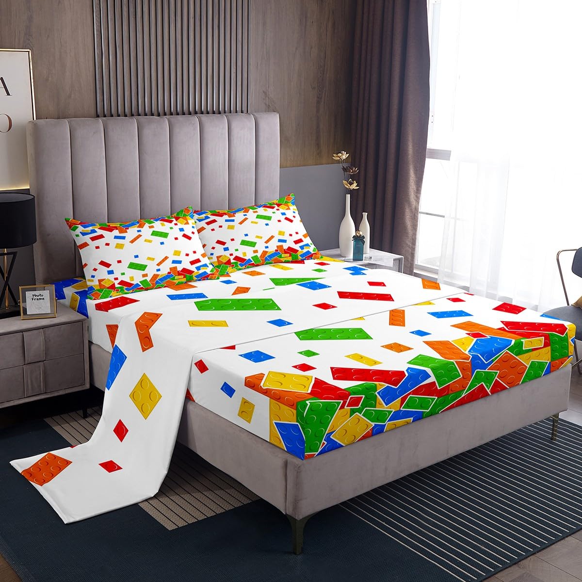 Cartoon Construction Bed Sheets King Size Kids Watercolor Building Blocks Bedding Sets 4Pcs for Child Boys Girls Room Decor, Brick Games Duvet Set with 1 Flat Sheet 2 Pillowcases