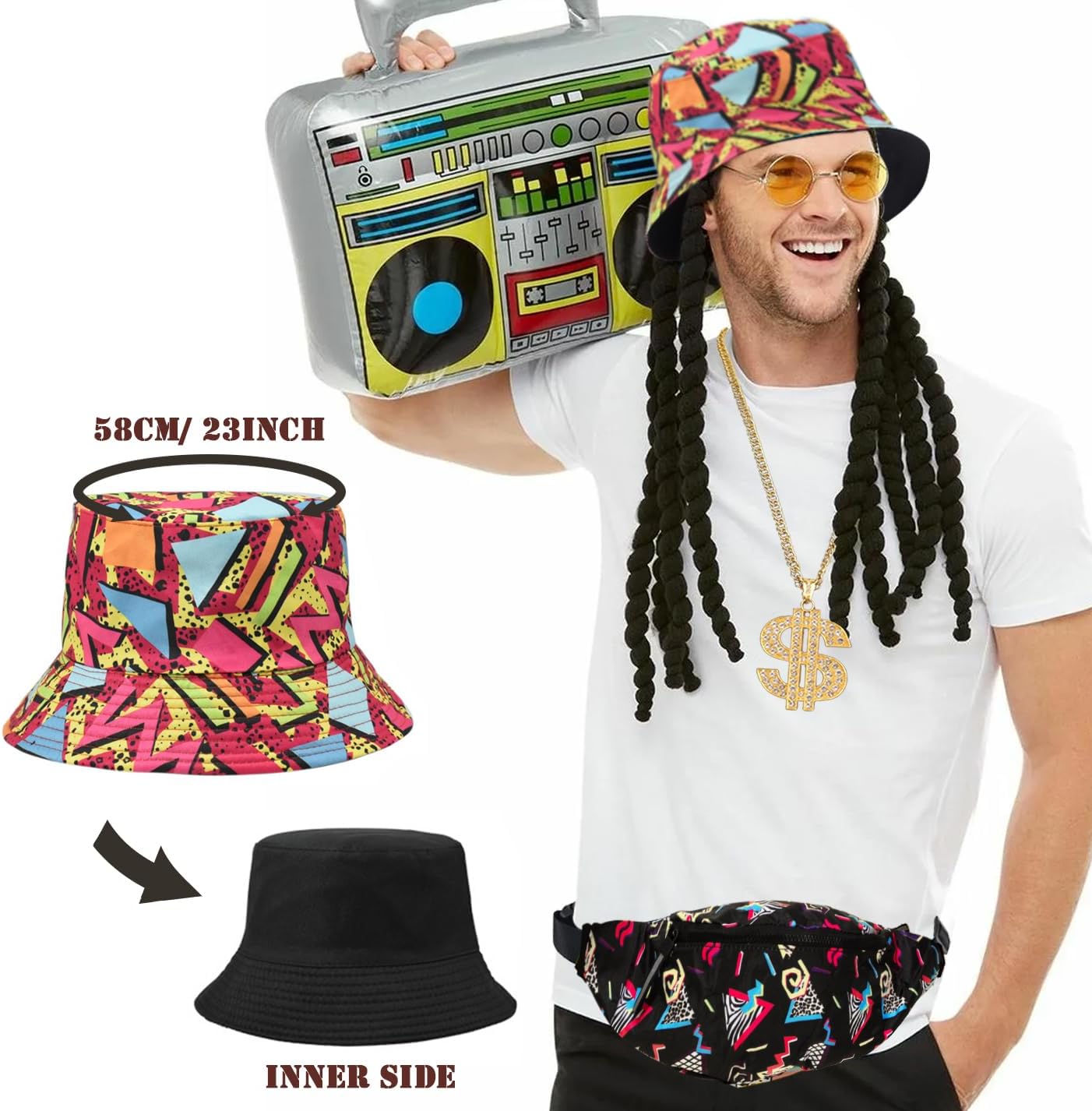 80s 90s Accessories Hip Hop Costumes Outfits Kit for Men Women DJ Rapper Bucket Hat Sunglasses Costume Jewelry - Image 3