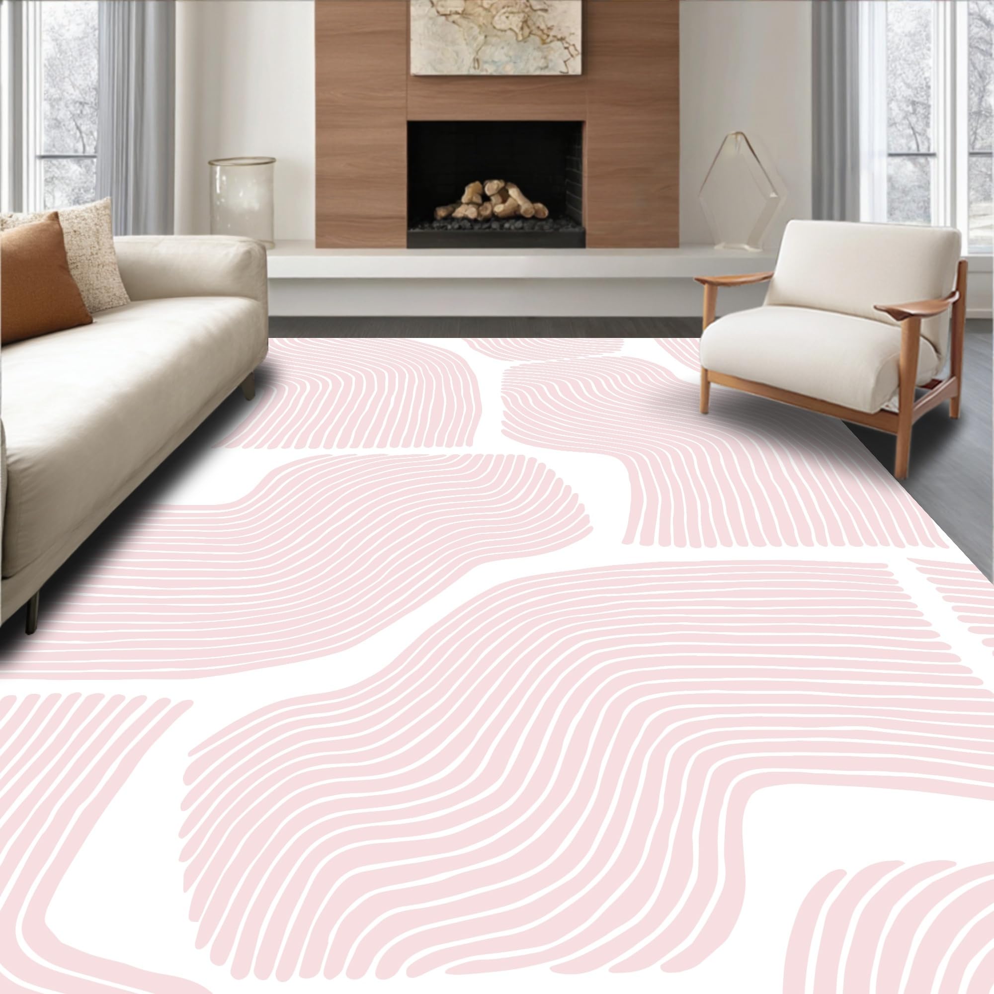 Flatwoven High Traffic Area Rug 8x10, Zen Garden, Non Slip, Stain Resistant, Washable Area Rugs for Living Room, Bedroom (Pink, 8x10)