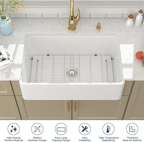 Miniatura 10 de Lordear - Fregadero de cocina blanco de 36 pulgadas, fregadero de cocina de arcilla refractaria de casa de campo, cuenco individual de 36 x 20 x 10