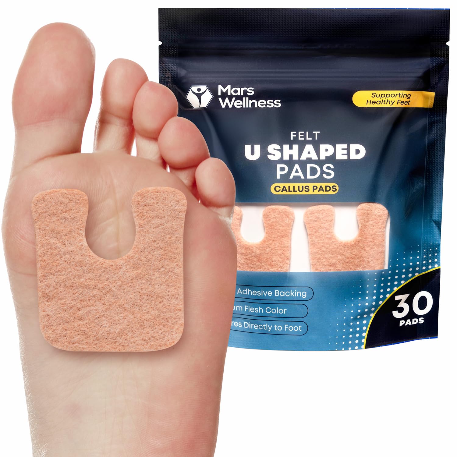 Mars Wellness U-Shaped Callus Pads for Feet, 1/4" Thick, Flesh Colored, Pack of 30 with Adhesive Backing - Callus Remover for Feet, Callus Cushions