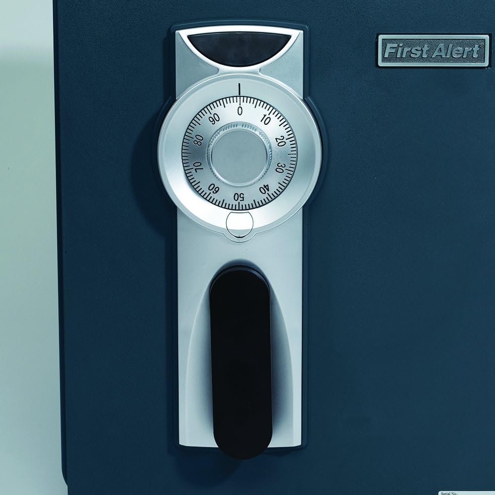 Close-up of the First Alert 2087F safe's combination lock and handle.
