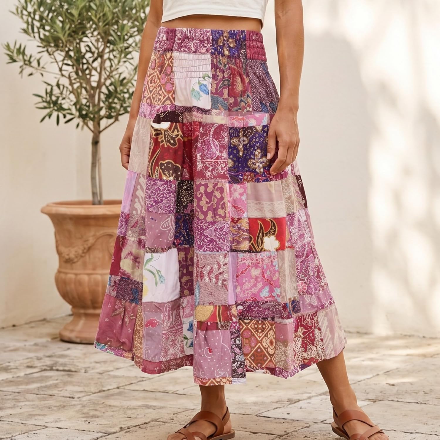 Weit schwingender upcycling Patchwork Maxirock, Boho Baumwolle, grün | Luftiger, bequemer Maxi-Rock, breiter elastischer Bund, 100% Baumwolle, einzigartiges Design, ideal für Sommer-Outfits.