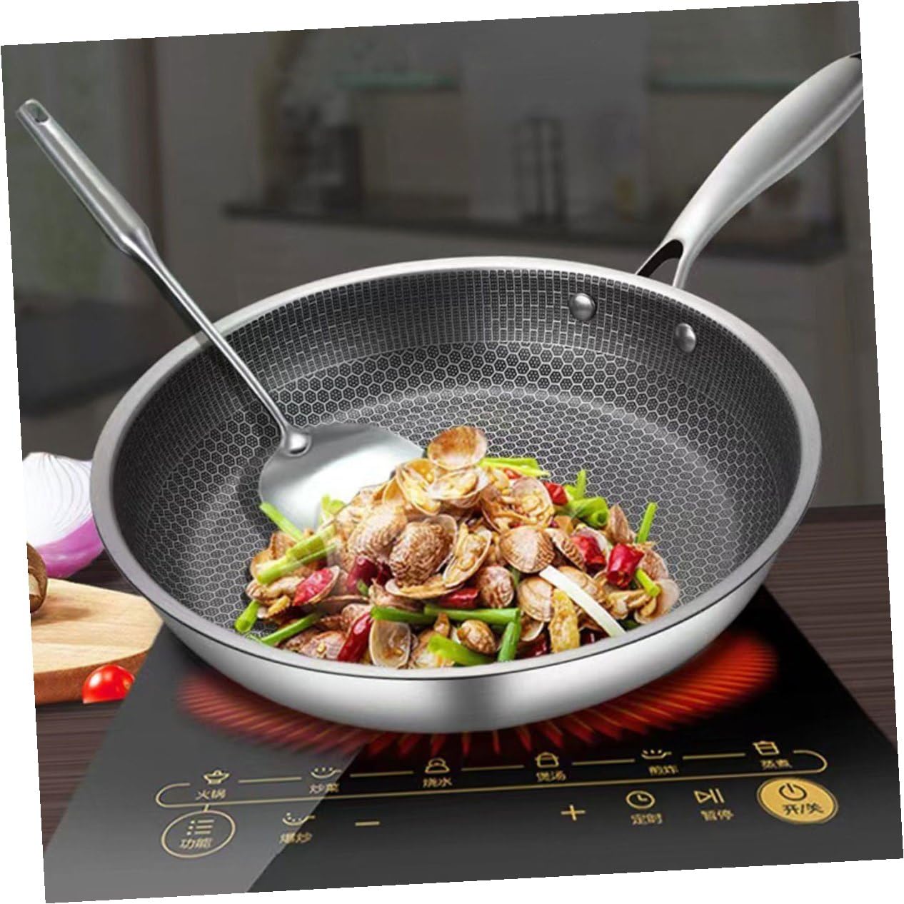 Gadpiparty Padella Antiaderente Nido D’ape in Acciaio Inox 28 Cm, Padella Piccola per Friggere Uova e Bistecche Fondo Piatto e Impugnatura Ergonomica, per Uso Domestico su Tutti i Fornelli