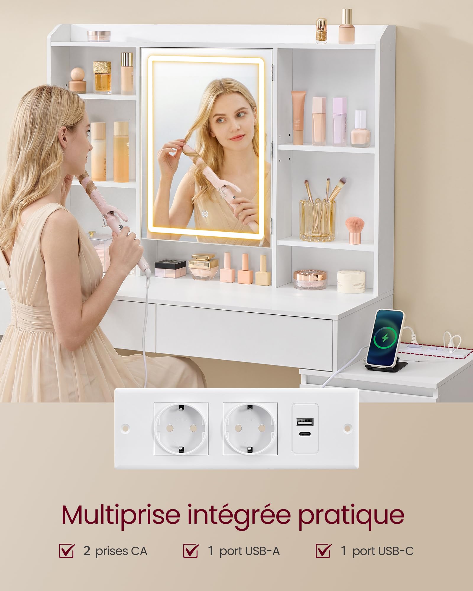 VASAGLE Coiffeuse avec Miroir LED, Luminosité Réglable, Multiprise, Table de Maquillage, 40 x 105 x 145 cm, Compartiments Ouverts, Étagères Réglables, Moderne, Blanc Nuage, Kailyn RDT144WB01