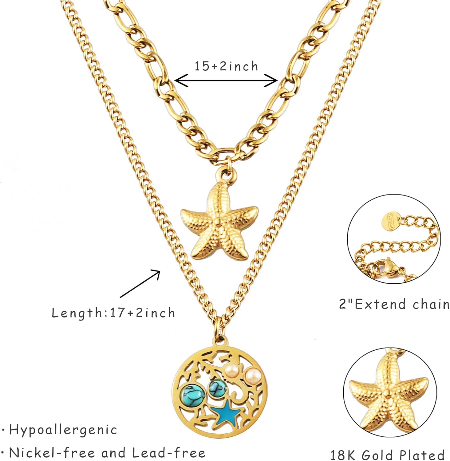 Ocean Charm Necklace for Women, 18K Gold Plated Dolphin Starfish Choker Necklaces Summer Beach Jewelry Gifts - Image 4