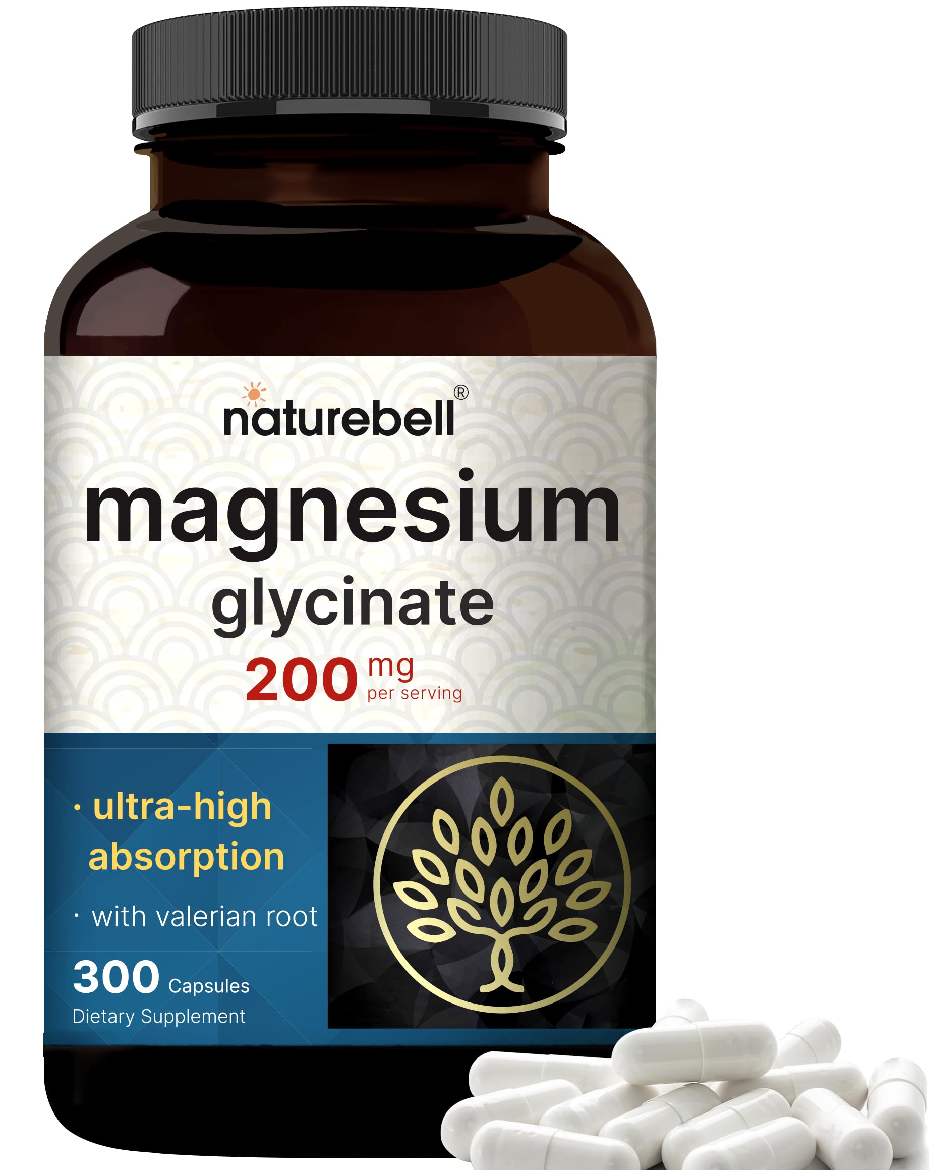 Pure Magnesium Glycinate for Sleep, 200mg with Valerian Root, 300 Capsules | 100% Chelated & Purified Mineral Supplement – Ultra High Absorption – Non-GMO, Gluten Free