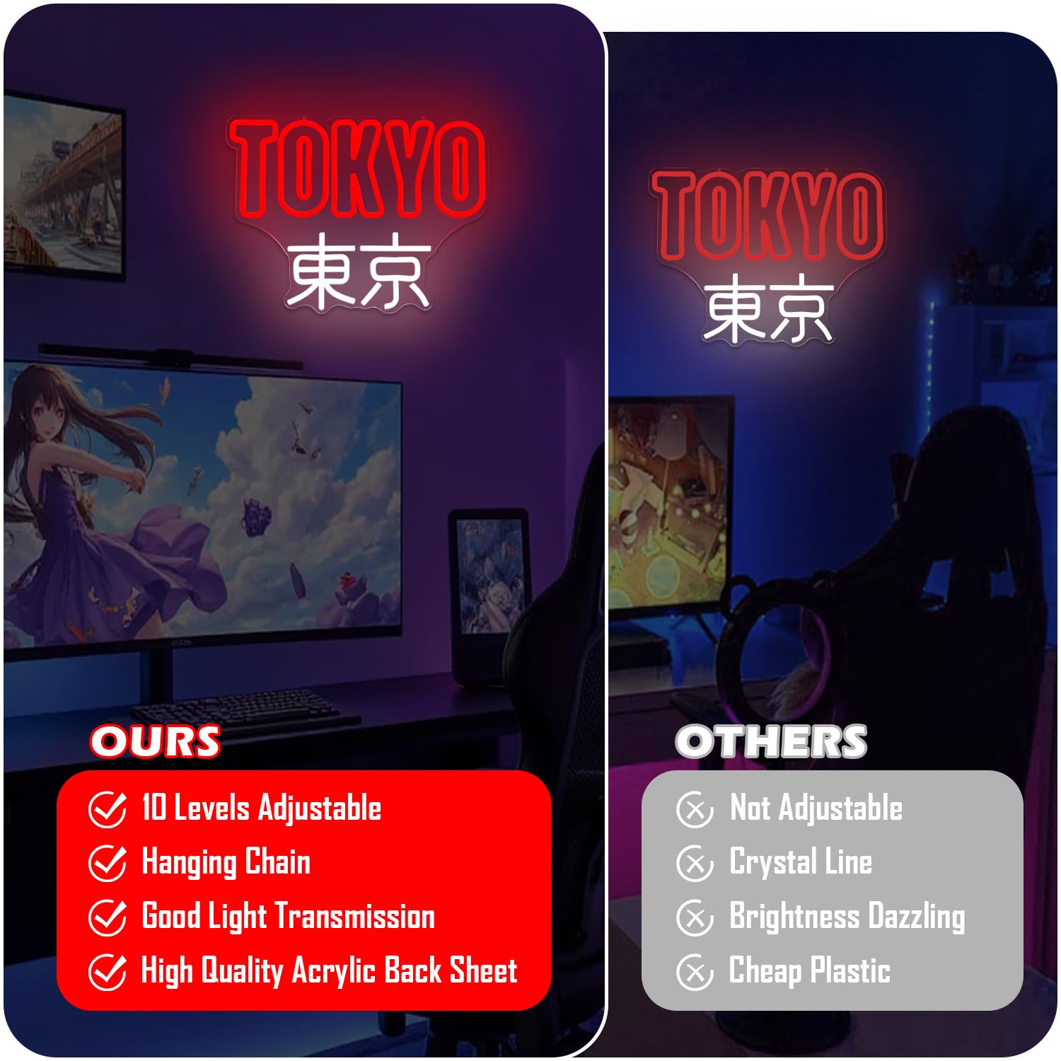 Tokyo Panneau néon japonais à LED pour salle de jeux alimenté par USB - Art japonais Kanji pour chambre à coucher, bar, grotte d'homme, cadeau pour amis