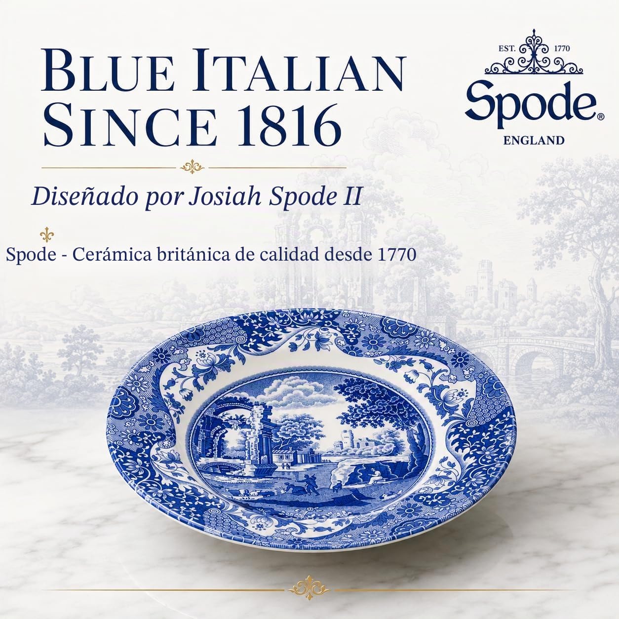 Portmeirion Home & Gifts 1532894Spode - Plato hondo italiano azul, blanco, 23 cm (juego de 4), azul
