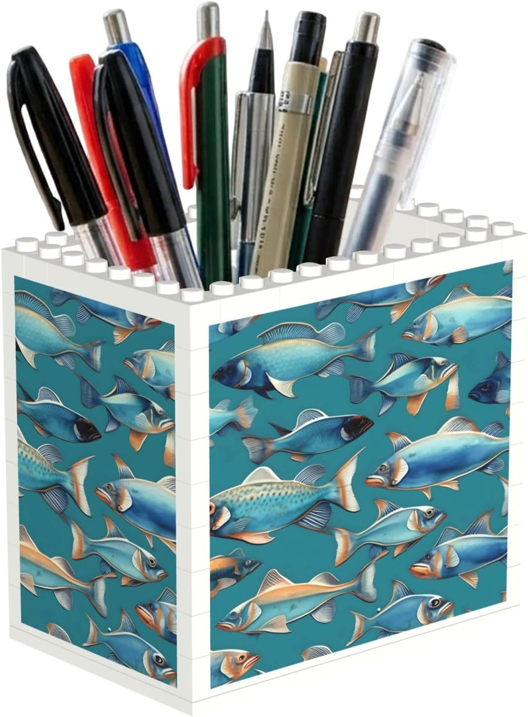 Ocean Fishes Print Uv Print Block Pencil Cup, Detachable Creative Block Desk Organizer Office Abs Pen Holder