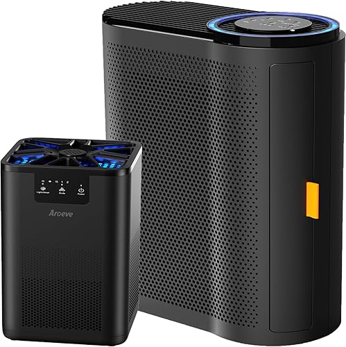 AROEVE Purificadores de aire silenciosos de 20 dB (MK06-Negro) y purificadores de aire (MK04-Negro) con sensores de calidad del aire Combo para humo
