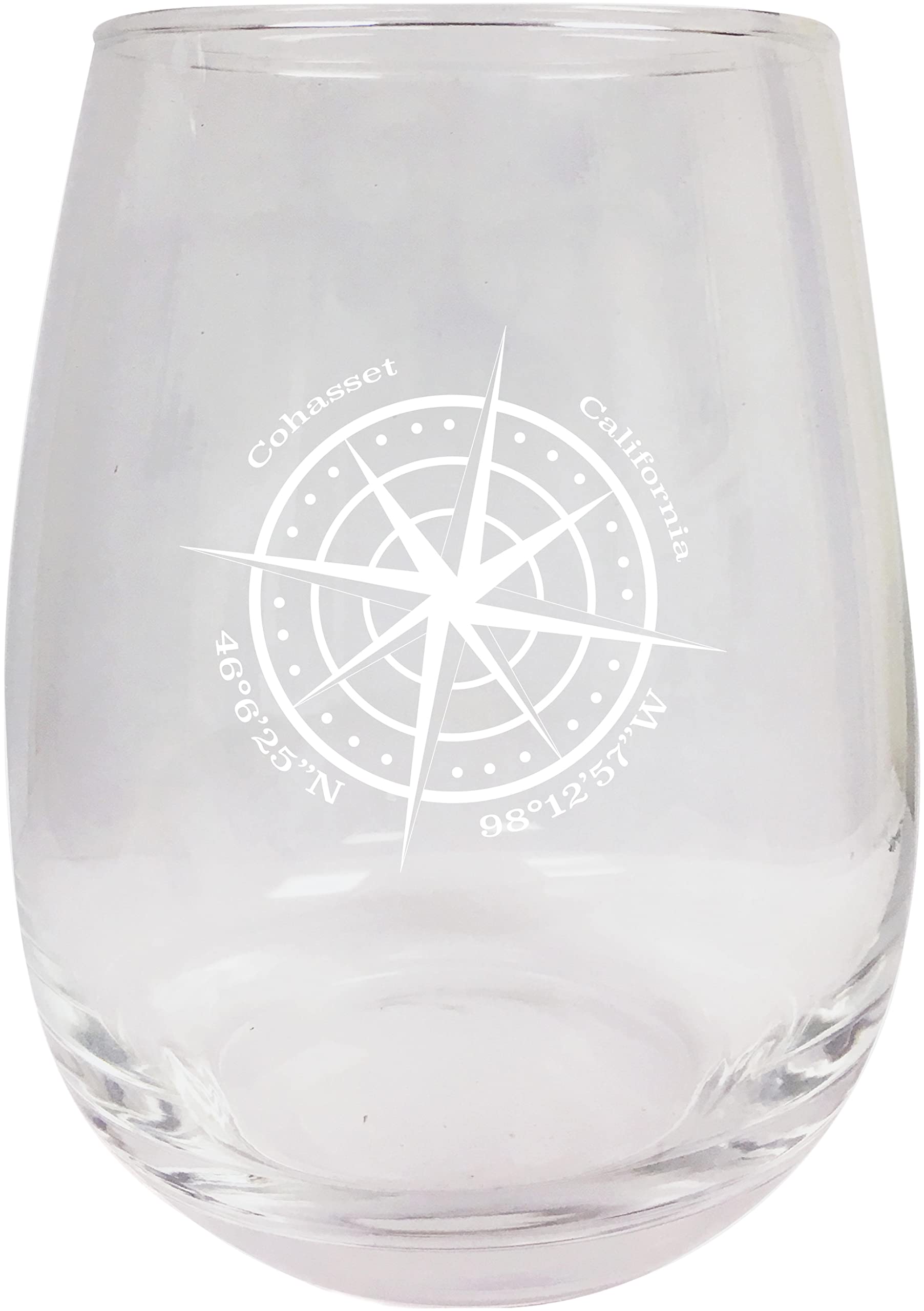 Cohasset California Souvenir 15 Ounce Laser Engraved Stemless Wine Glass Compass Design 2-Pack