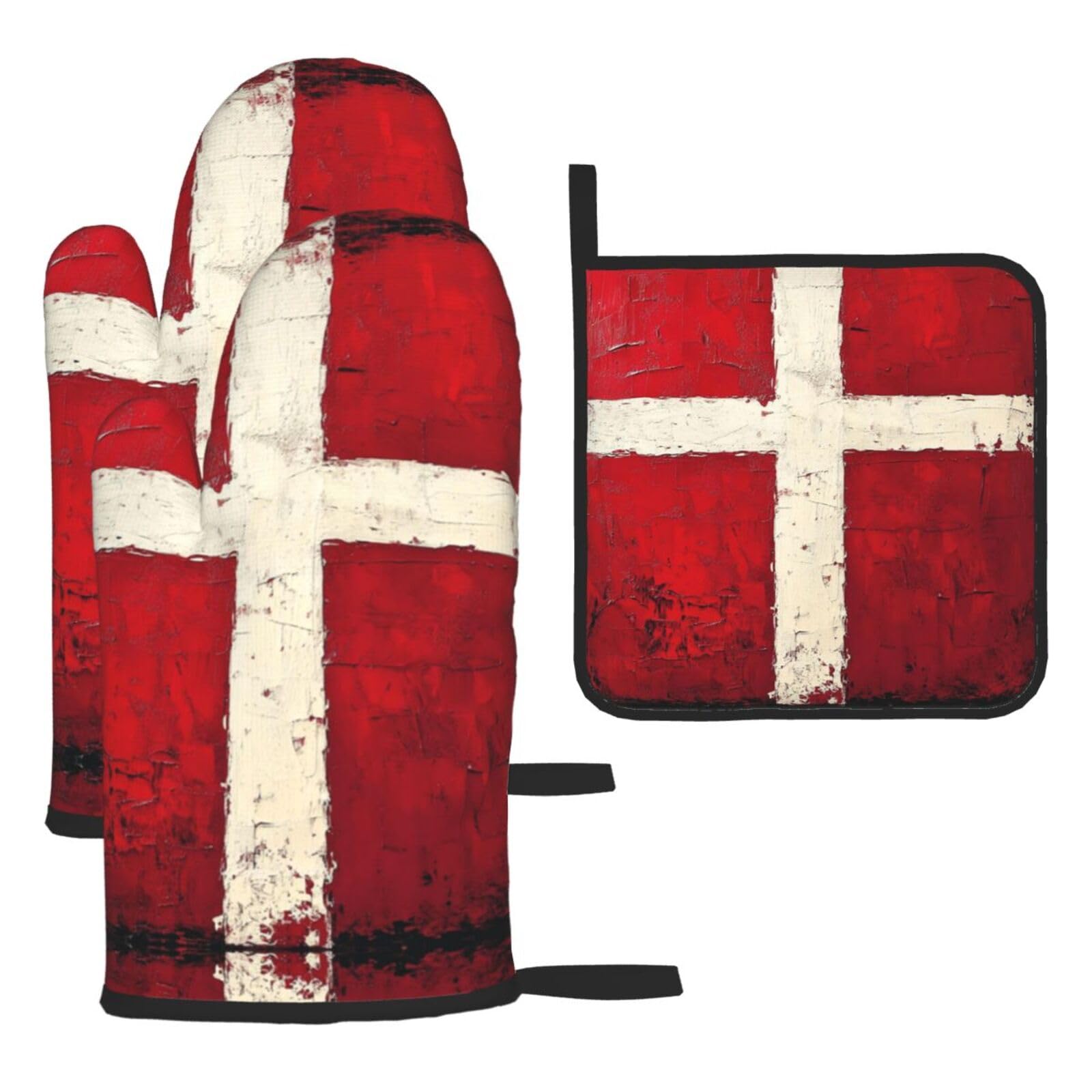 Oven Mitts and Pot Holders Set of 3 Heat Resistant Non-Slip Kitchen Gloves Hot Pads Denmark Danish Flag Mittens Gloves Non-Slip Potholders for Cooking Baking Grilling BBQ