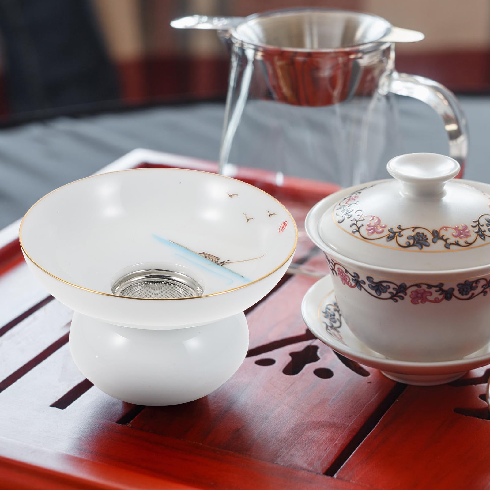 Infuseur à Thé en Céramique Passoire Fine et Support, Accessoire pour Cérémonie de Thé, Filtre Réutilisable pour Maison et Bureau, Style Classique Blanc