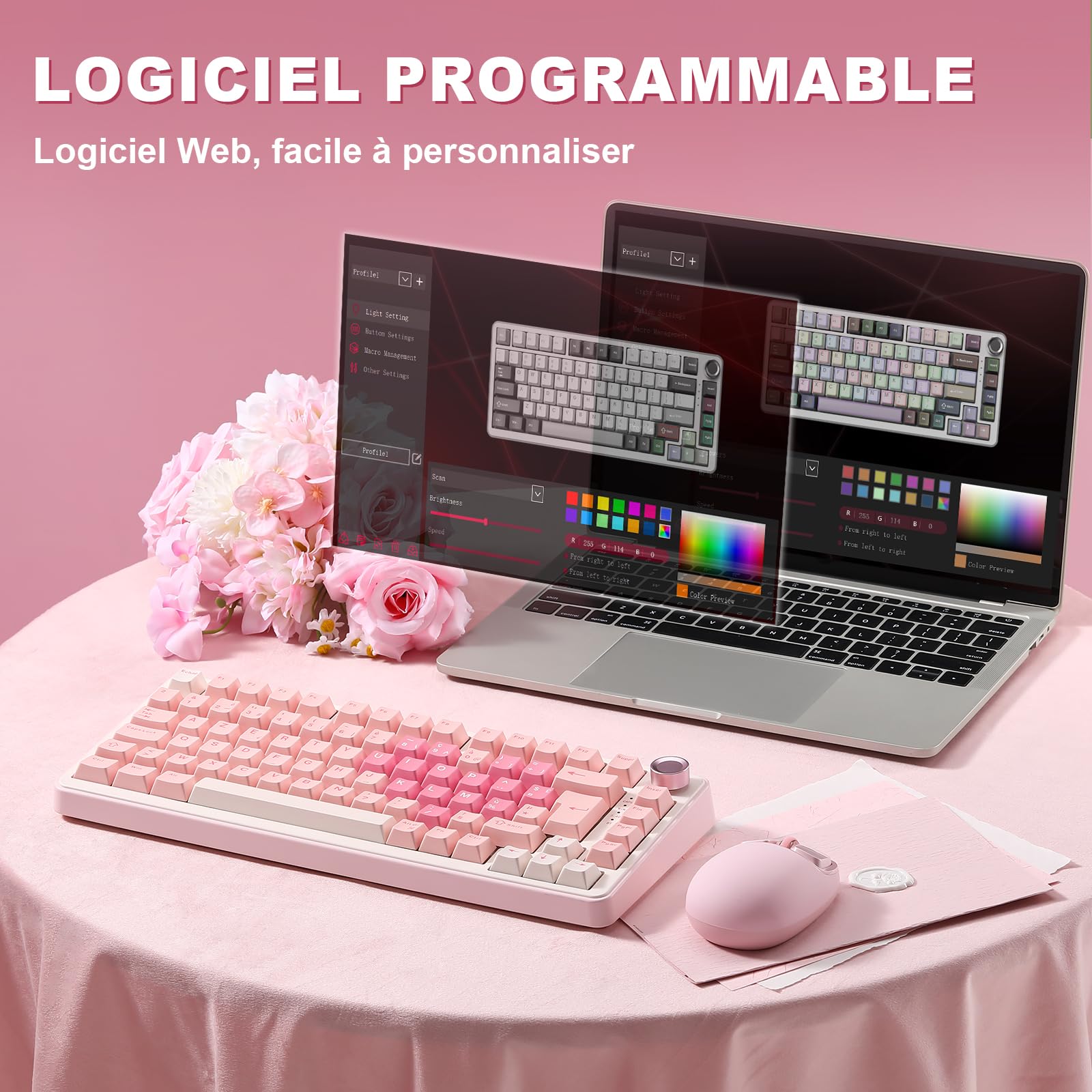 YUNZII B75 PRO Tastiera Meccanica Wireless, 75% Layout FR AZERTY, Tastiera da Gioco con Struttura Gasket, Hot-swap e Manopola, RGB, Connettività BT/USB-C / 2.4G (Rosa, Cocoa Cream V2 Switch)