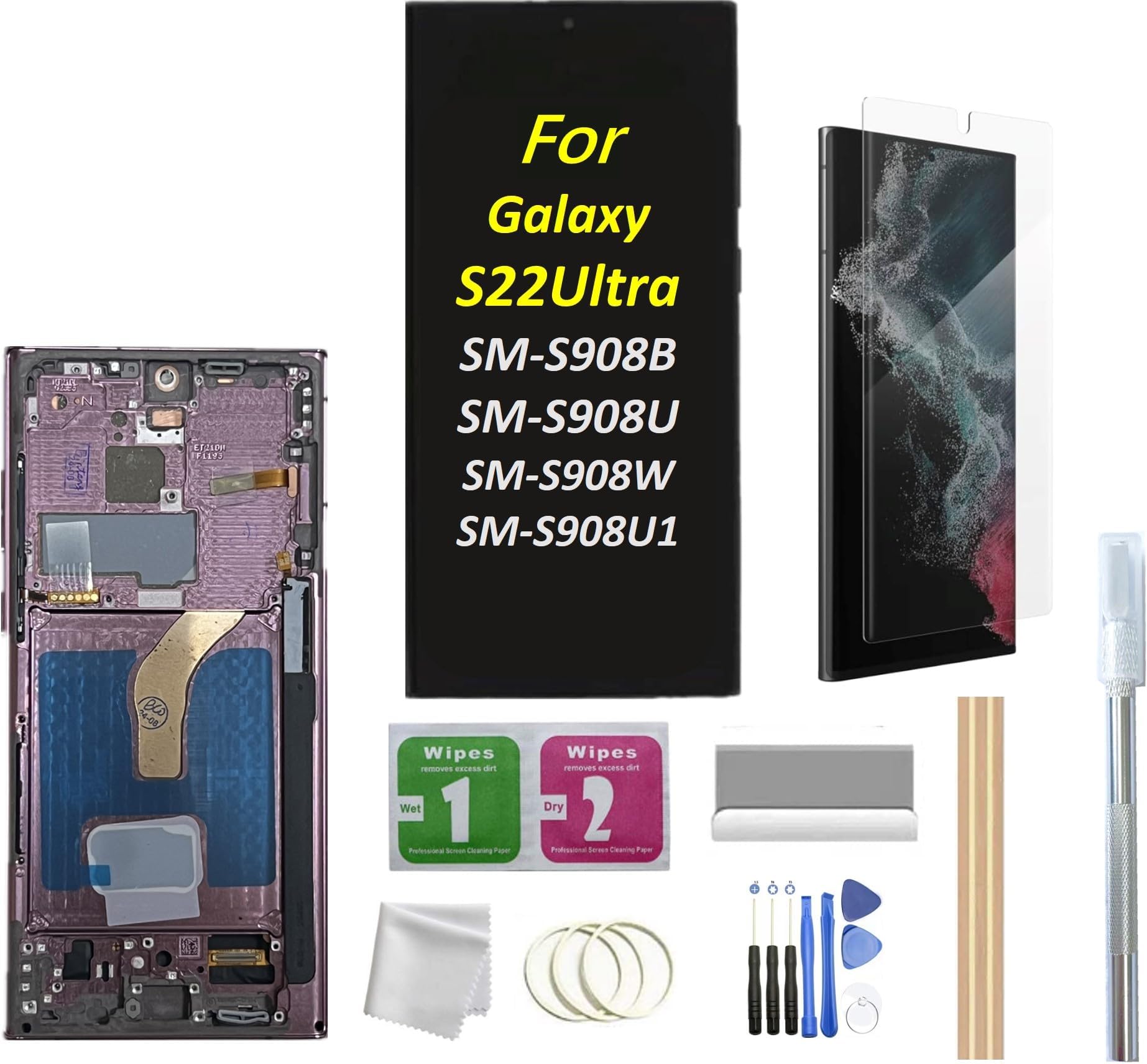 Galaxy S22 Ultra LCD Screen with Frame Replacement for Samsung Galaxy S22 Ultra SM-S908B SM-S908U1, SM-S908W LCD Screen Display Touch Digitizer with Frame+Tool (Burgundy)