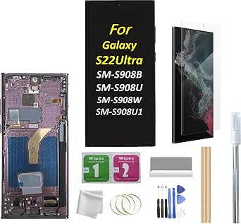 Galaxy S22 Ultra LCD Screen with Frame Replacement for Samsung Galaxy S22 Ultra SM-S908B SM-S908U1, SM-S908W LCD Screen Display Touch Digitizer with Frame+Tool Burgundy