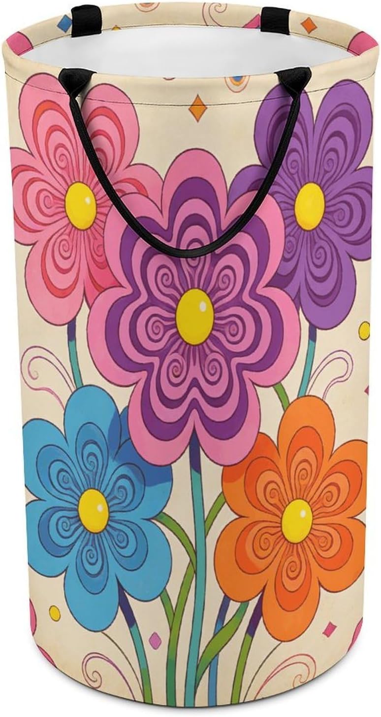 Vintage Groovy Flowers Laundry Hamper with Handles Waterproof Collapsible Laundry Basket Large Lightweight Round Dirty Clothes Hamper for Home Dorm Bathroom Decor