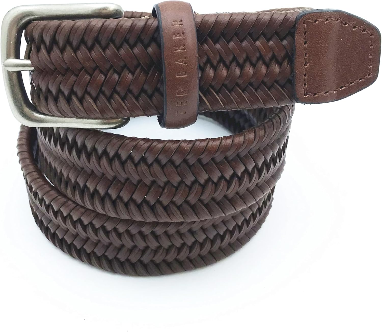 Ted Baker London Men's Dress Brown Braided Leather Belt with Leather Loop, Multiple Sizes