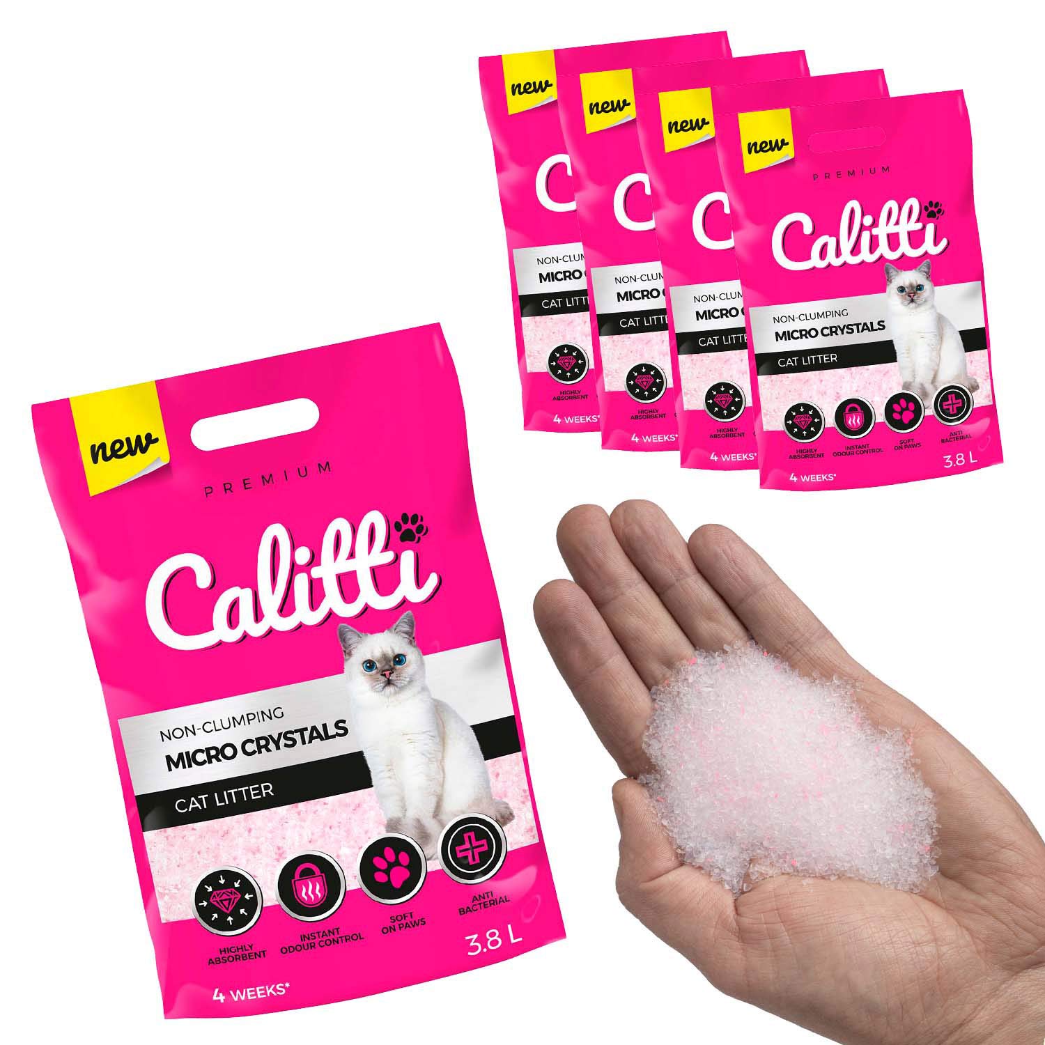 Calitti - Micro Silikat Katzenstreu | Premium Crystals Silikatstreu | Antibakteriell Katzensand | 4-er Set 4 x 3,8 L = 15 L