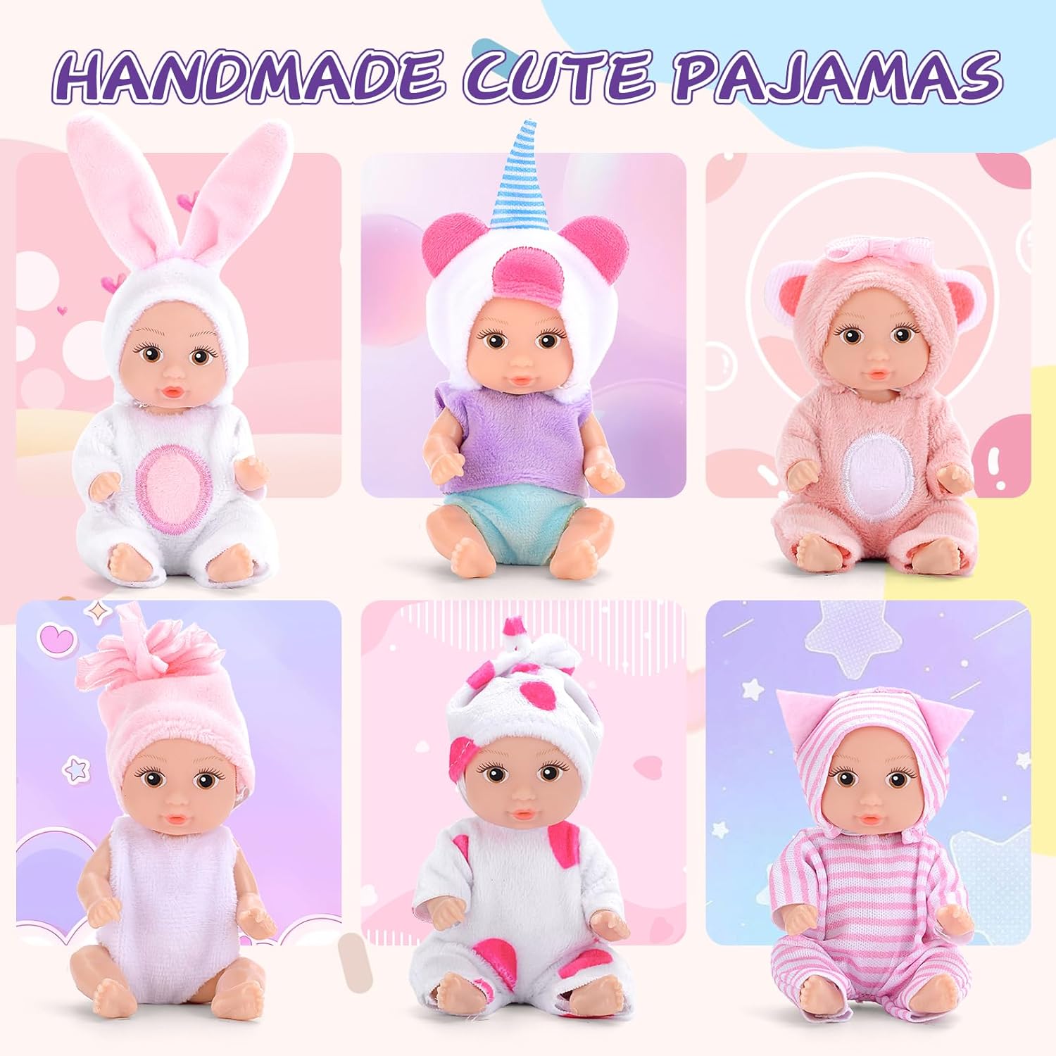 6PCS 4 Inch Realistic Open-Eye Baby Doll Playset - Mini Reborn Baby Dolls with Handmade Pink Clothes, Christmas Easter for Kids Age 3+