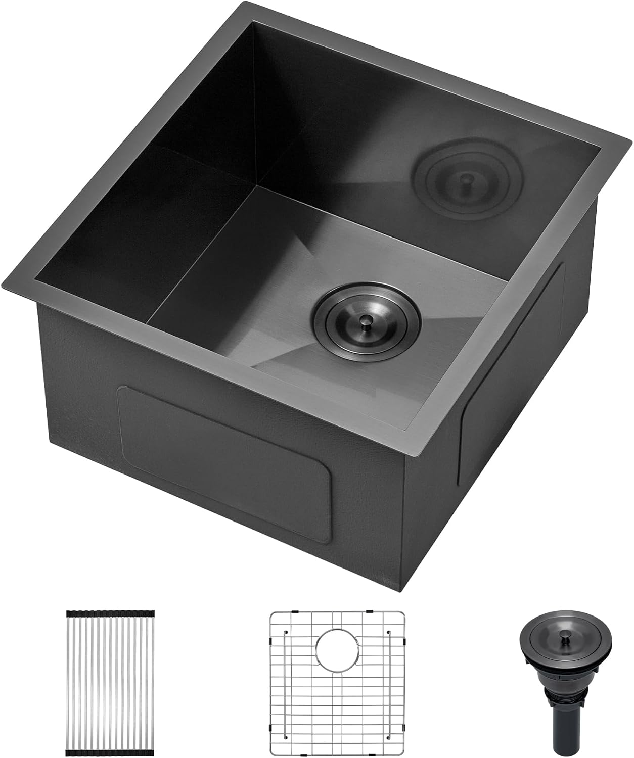 Doirteal 19-Inch Undermount Kitchen Sink - 16 Gauge Gunmetal Black T304 Stainless Steel - Deep 10" Single Bowl Bar Prep Sink with Roll-up Drying Rack & Bottom Grid - Fits 24-Inch Minimum Cabinet