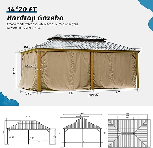 Miniatura 8 de Domi Outdoor Living Cenador de techo rígido de 14 x 20 pies, toldo con marco de aluminio recubierto de madera con doble techo de acero galvanizado,