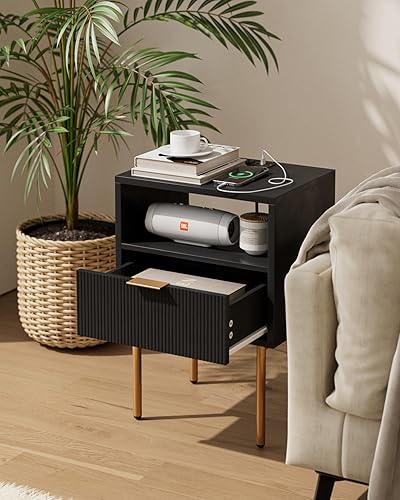 Miniatura 4 de Mesita de noche con estación de carga, cómoda con cajón para dormitorio, mesa auxiliar pequeña con cajón, mesita de noche, mesa auxiliar con marco