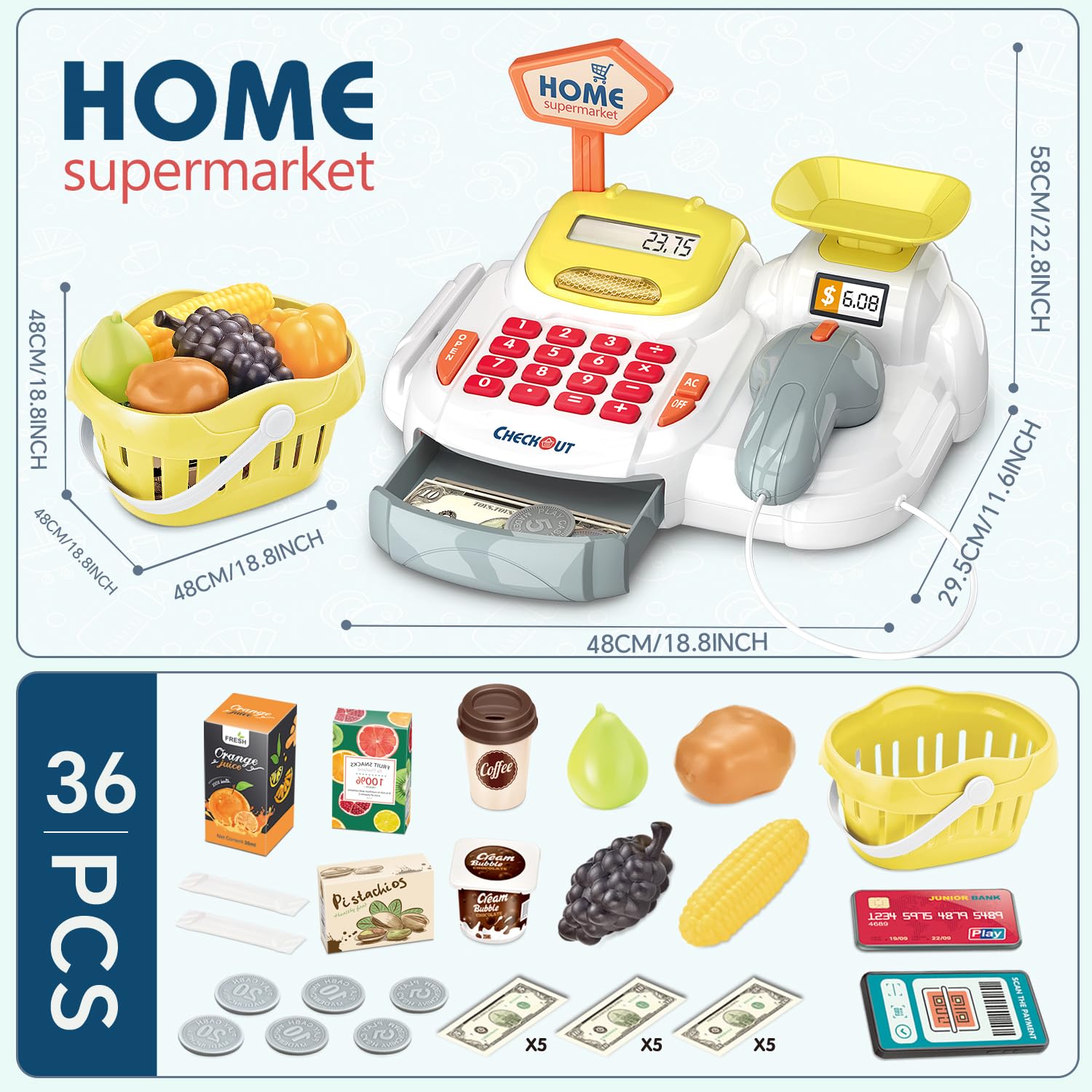 36 sztuk kasy dla dzieci, do odgrywania ról, supermarket, zabawka sklep handlowy, akcesoria, kasa fiskalna z pieniędzmi, żywnością, karta kredytowa, prezent dla dzieci od 3 lat (żółte)