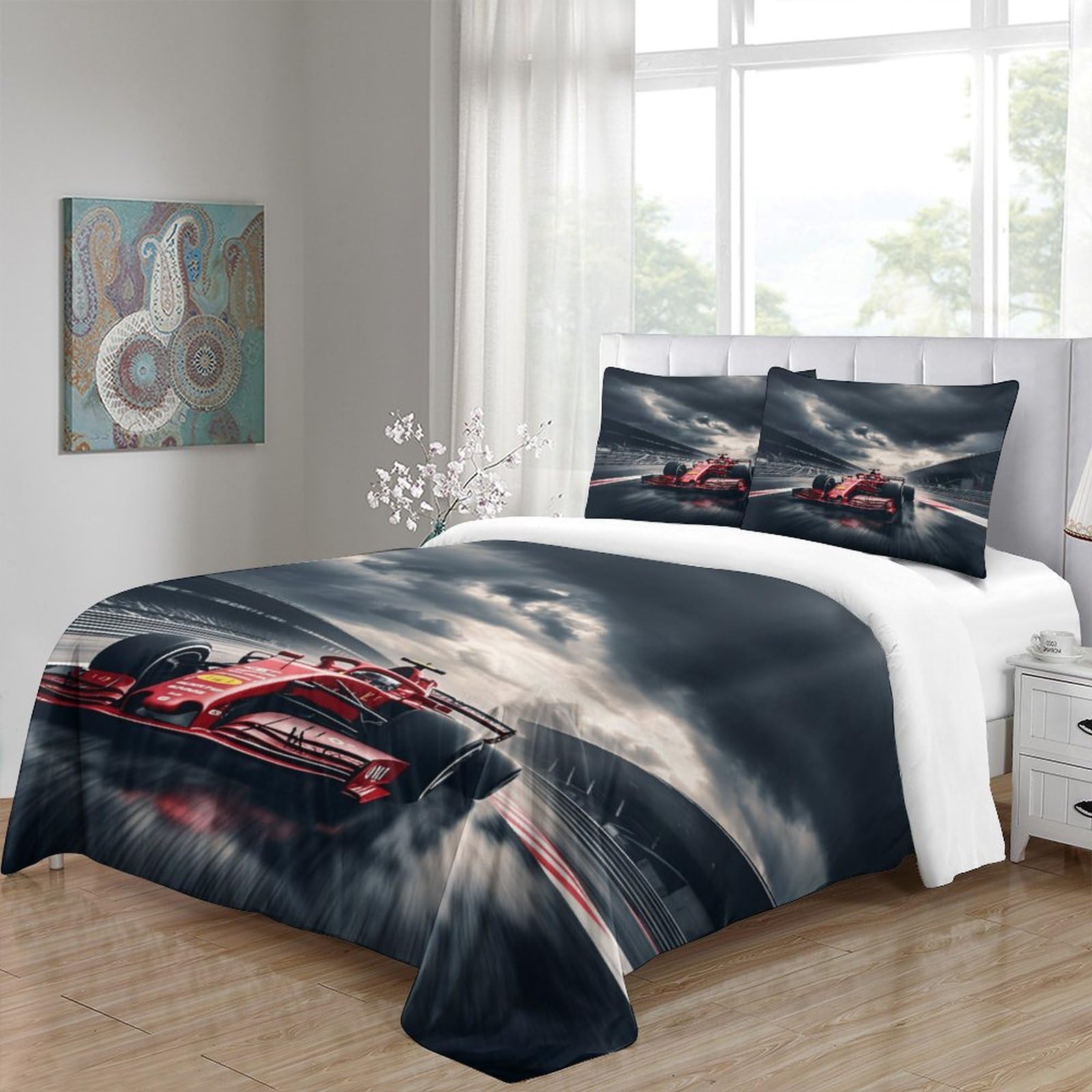 Ferrariii Modèle Housse De Drap, Lavable Formula Racing Housse De Couette Microfibre Douce Linge De Lit Finesse Literie Hygroscopique Parure De Lit Double（200x200cm）