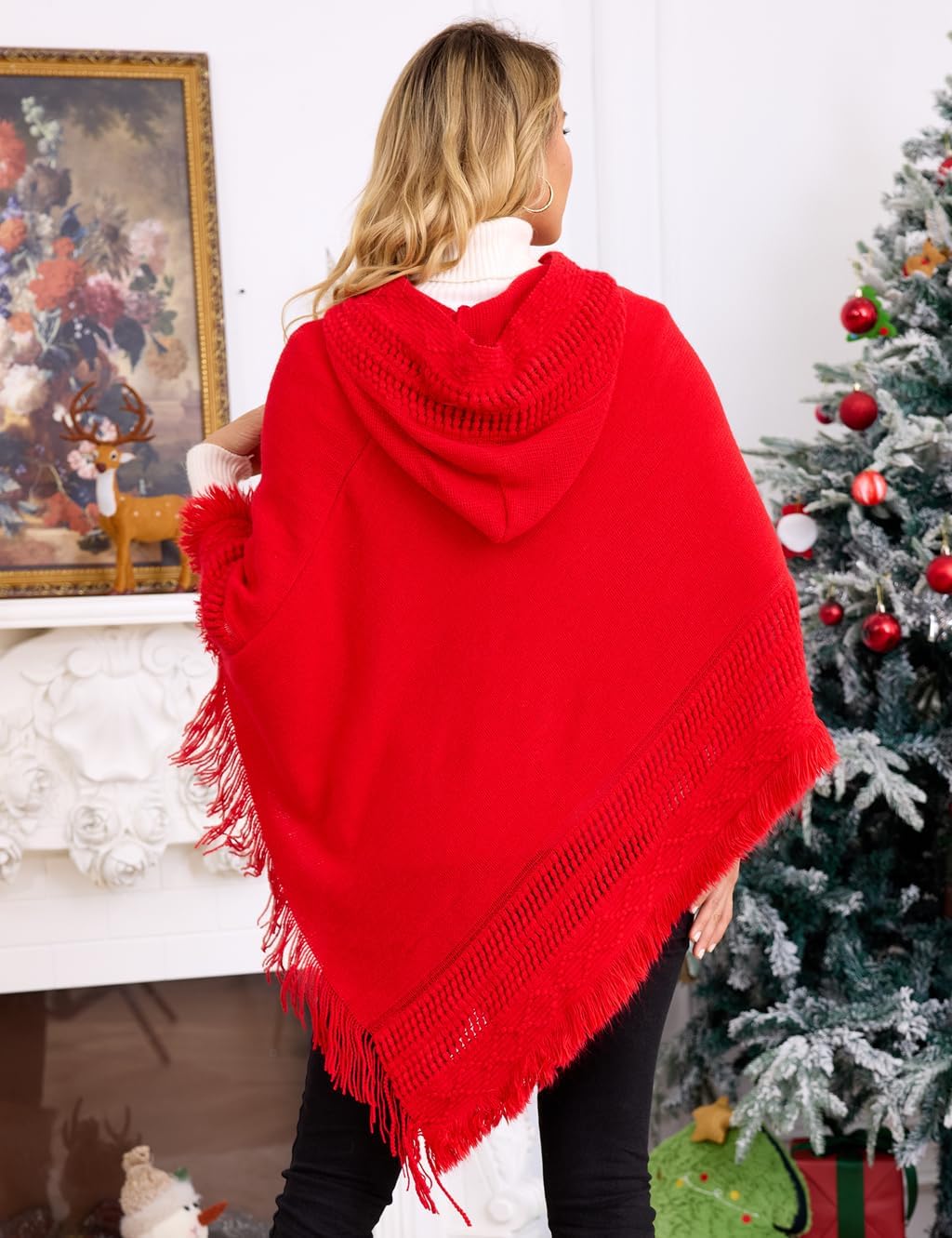 Ferand Ladies' Hooded Cape with Fringed Hem, Crochet Poncho Knitting Patterns for Women - Image 3