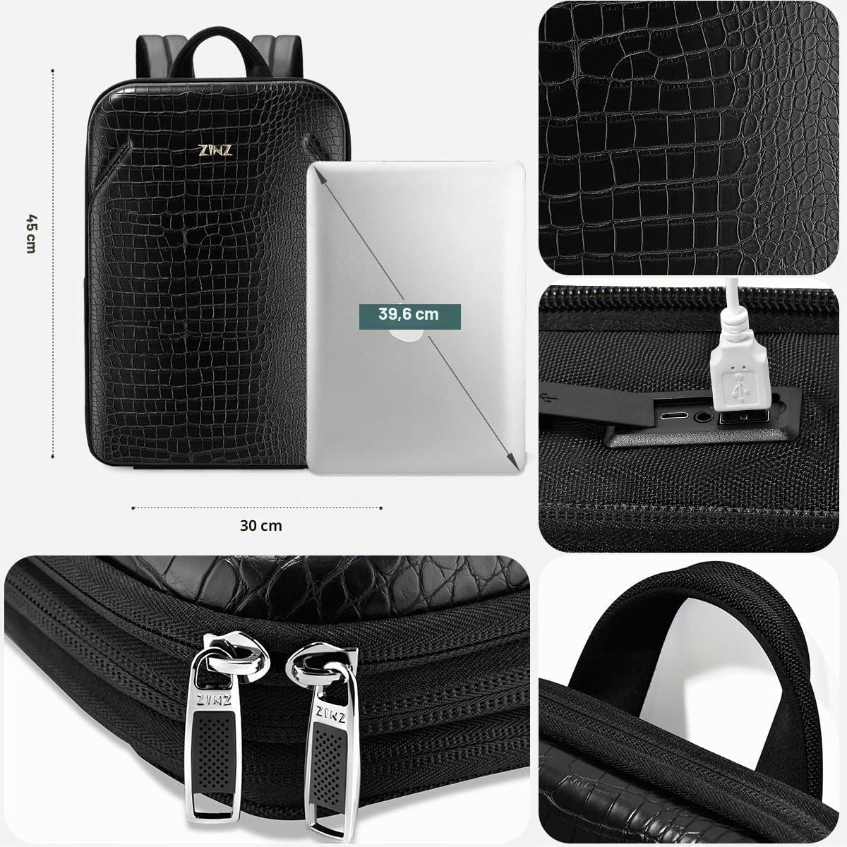 ZINZ Sac à Dos Fin d'Affaires Antivol pour Ordinateur Portable 15,6" à Capacité Variable, de Voyage en Cuir Résistant à l'eau