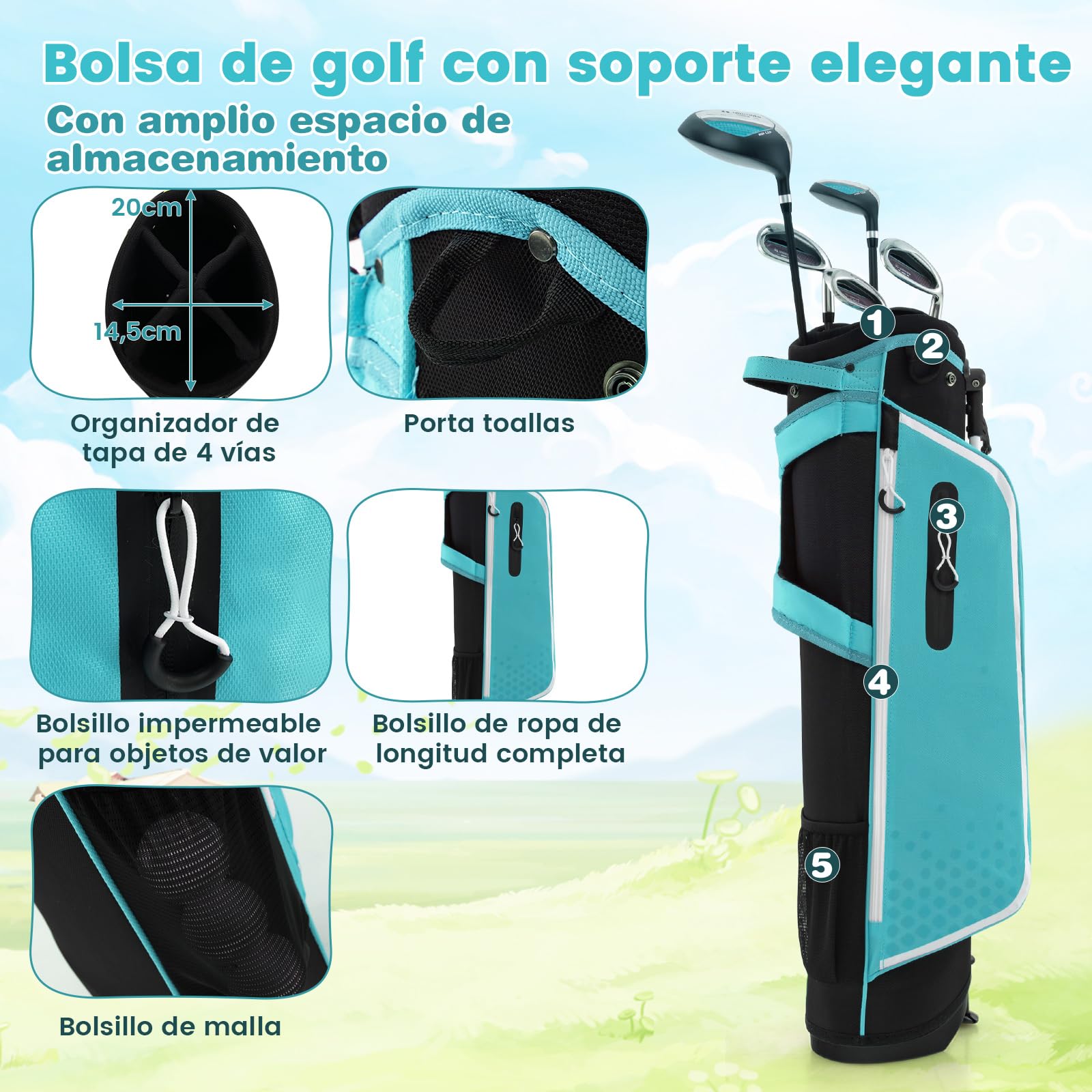 COSTWAY Juego de Palos de Golf para Niños de 11 a 13 Años, Incl. Bolsa de Soporte con Capucha para Lluvia, Conductor N.° 1, Híbrido N.° 5, Hierros y Putter N.° 7 N.° 9, para Diestros