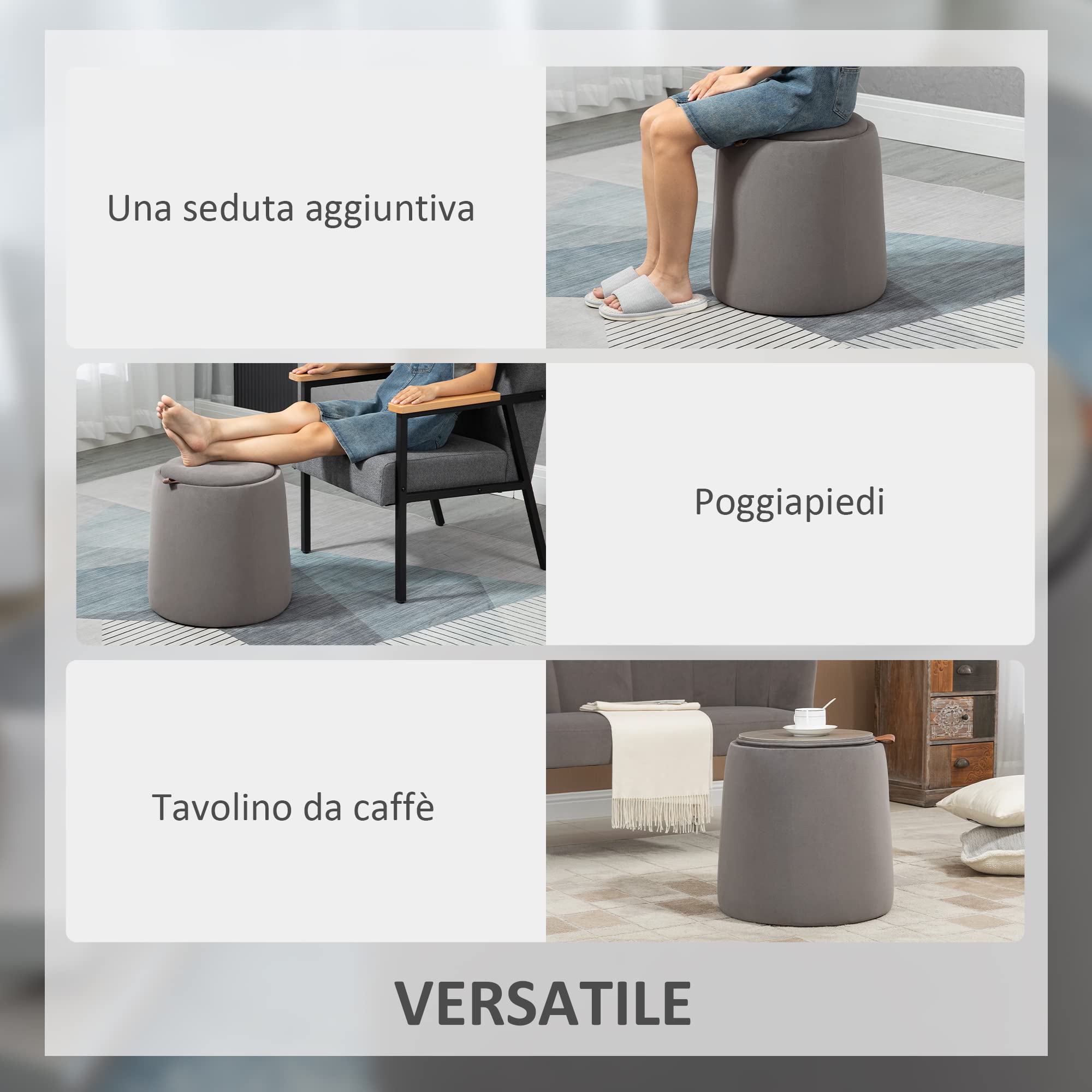 HOMCOM Pouf Poggiapiedi in Velluto con Contenitore, Coperchio 2 in 1 con Imbottitura e Lato in Legno, Tavolino da Caffè Rotondo Ø44 x 47.5cm, Grigio