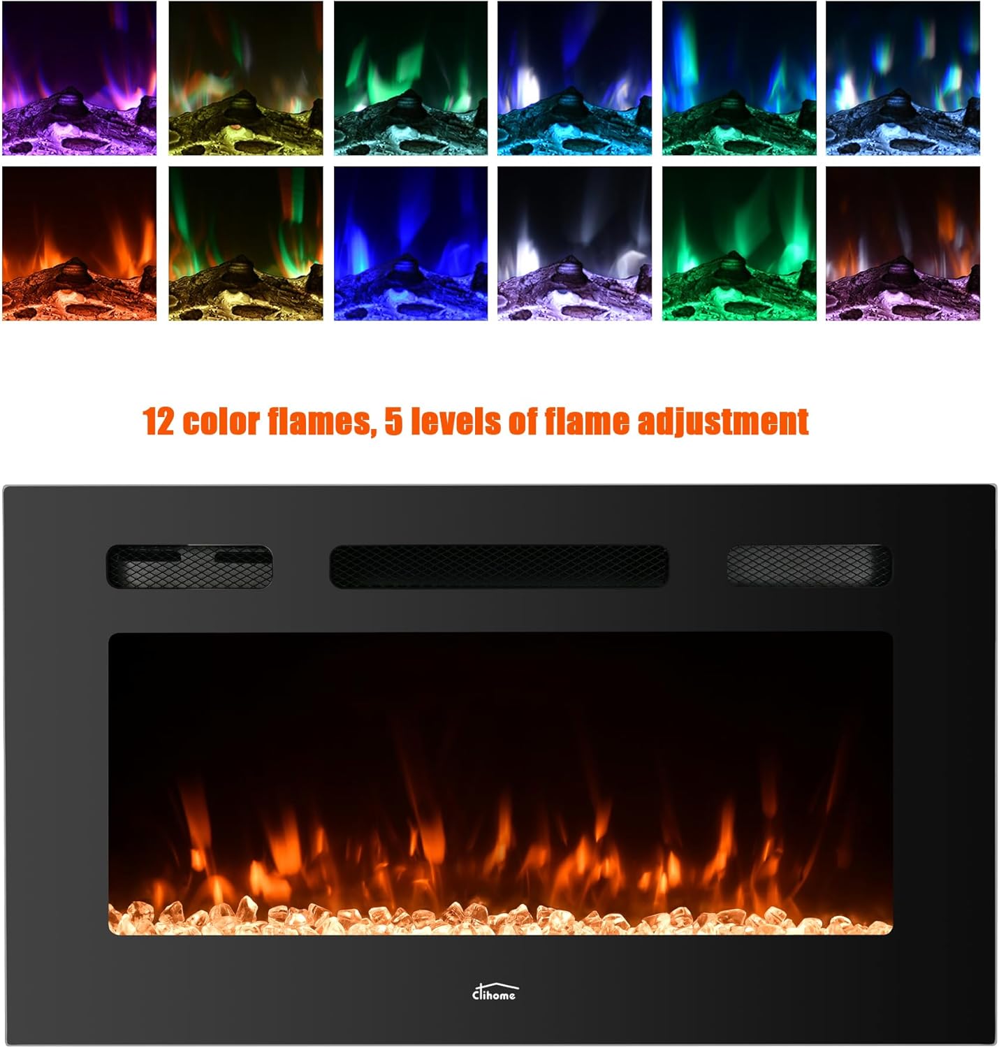 Diagram showing the recessed installation process for the electric fireplace, with wall opening dimensions.