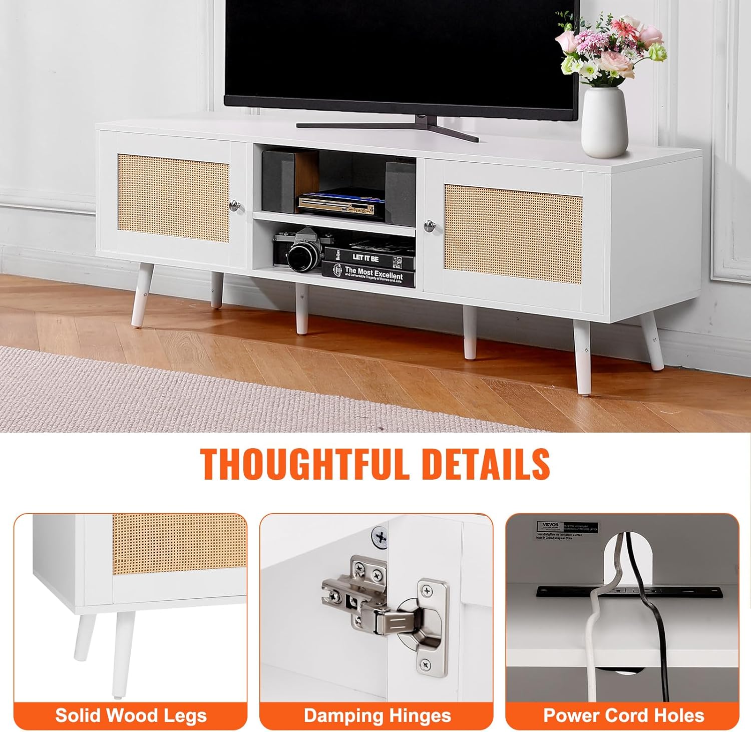 VEVOR Rattan TV Stand for 65 inch TV, Boho TV Stand with Rattan Door, Entertainment Center with Build-in Socket and USB Ports, Modern TV Console for Living Room, Media Room, White