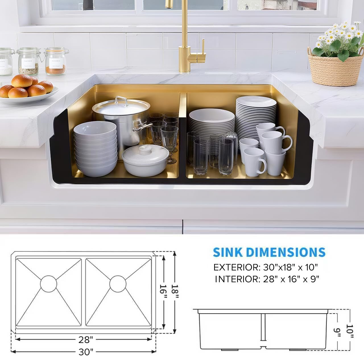 LQS Gold Kitchen Sink 30 Inch, 30” x 18” Stainless Steel Undermount Kitchen Sink, 50/50 Double Bowl with Sapele Cutting Board, Sink Grids, Sink Strainers and Fordable Roll-Up Drying Rack