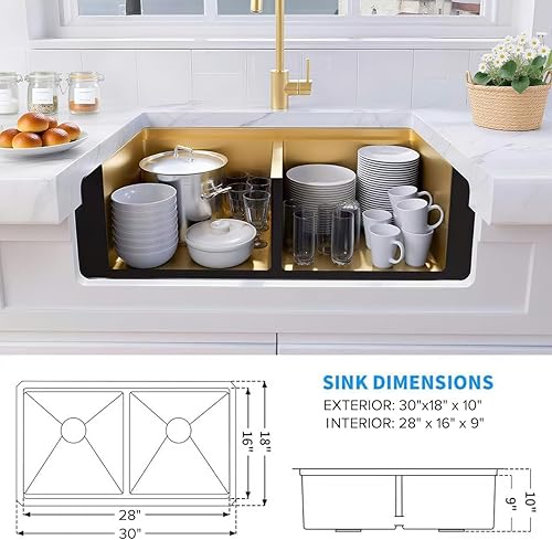 Vista 157 de LQS Fregadero de cocina dorado de 31 pulgadas, fregadero de cocina de acero inoxidable 50/50 de 31 x 18 pulgadas, fregadero de cocina de acero