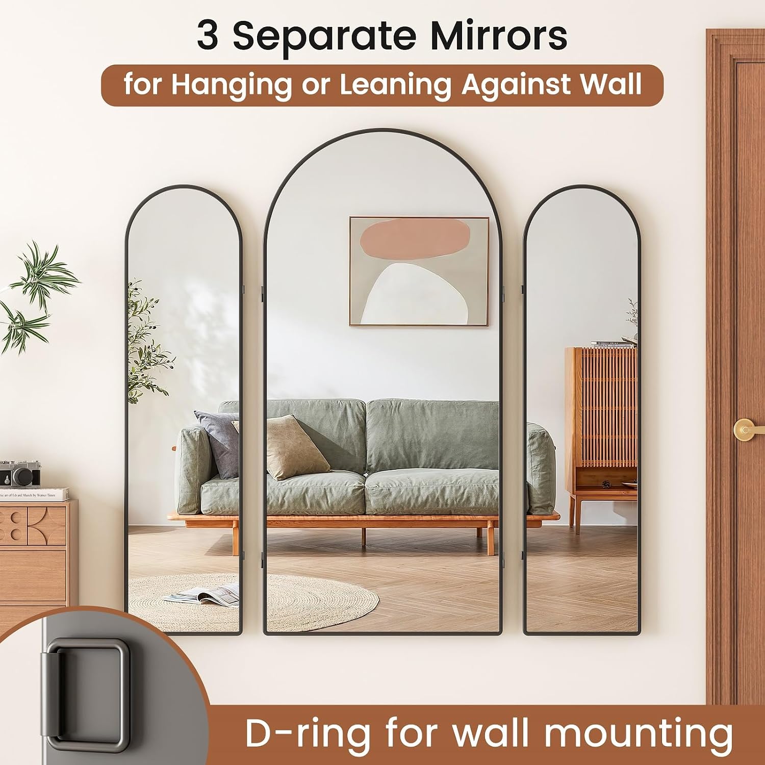 3 Way Arched Full Length Mirror Free Standing, 71"x 67" Large Modern Trifold Mirror with 3 Panel Tempered Glass & Metal Frame, for Dressing Room, Bridal Shop,Clothing Store (Black, 71"L x 67"W)