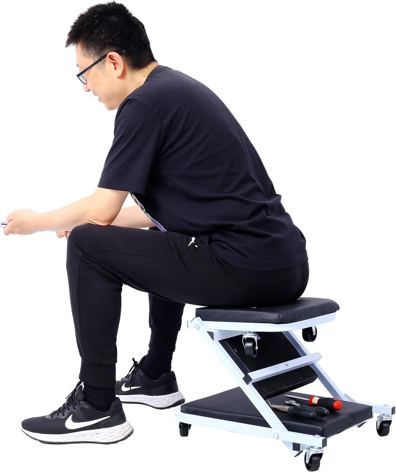 2-in-1 Mechanic Creeper Seat and Stool, 300 Lbs Capacity Low Profile Garage Creeper with 6 Wheels, Convertible Automotive Creeper Thickened Tubular Steel Frame for Under Vehicle Repair Black
