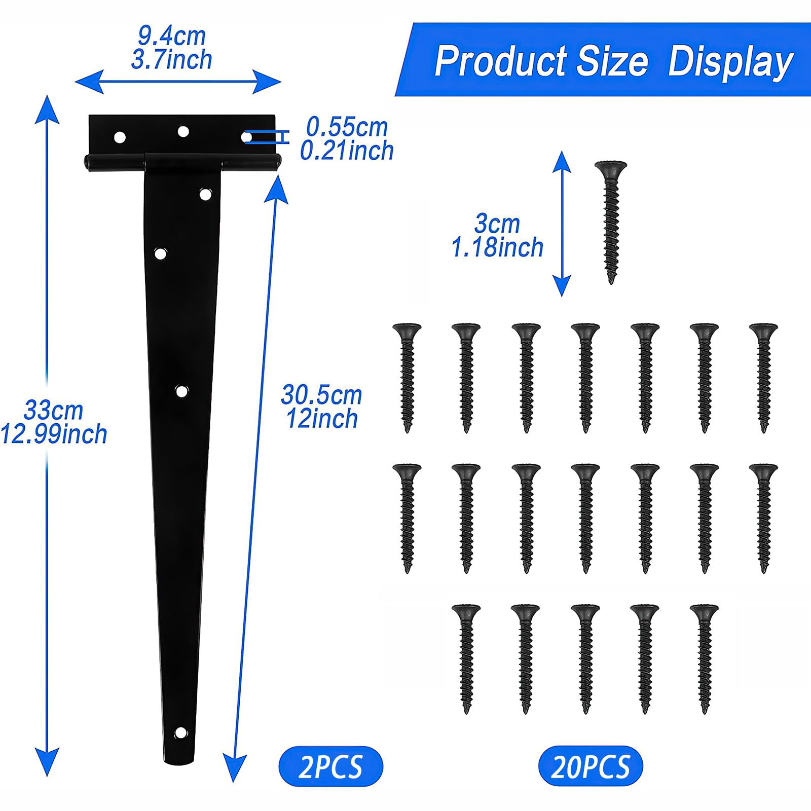 2 Piezas Bisagra T Negra Resistente de Madera, 12 Pulgadas en Zinc para Cocina, Ventanas, Vallas, Cobertizos y Puertas - Con 20 Tornillos