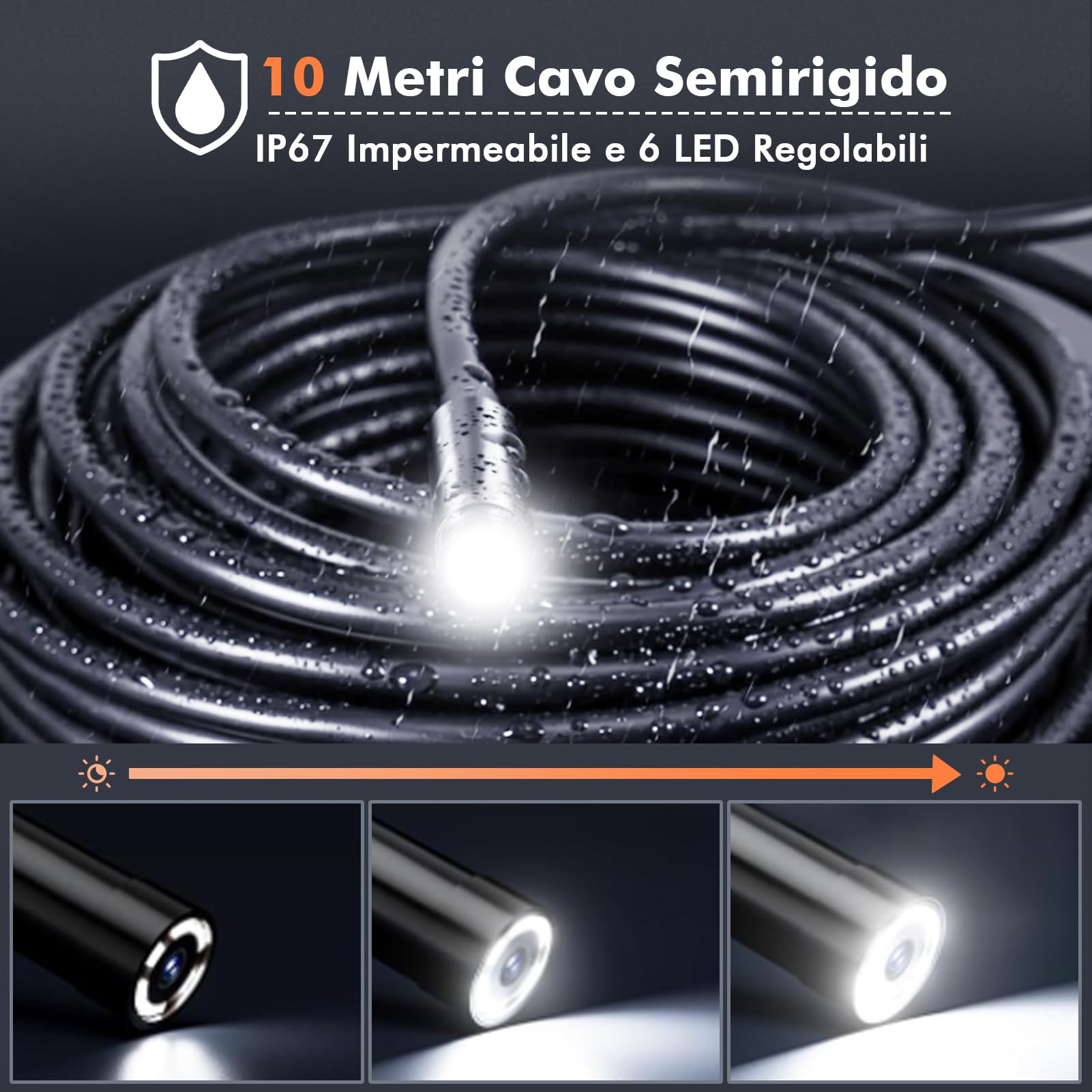 Endoscopio per Smartphone, Endoscopio con 10M Cavo Semirigido, IP67 Impermeabile, Tipo C, 6 Luci LED, Senza WiFi, per Android, Tablet e PC Windows
