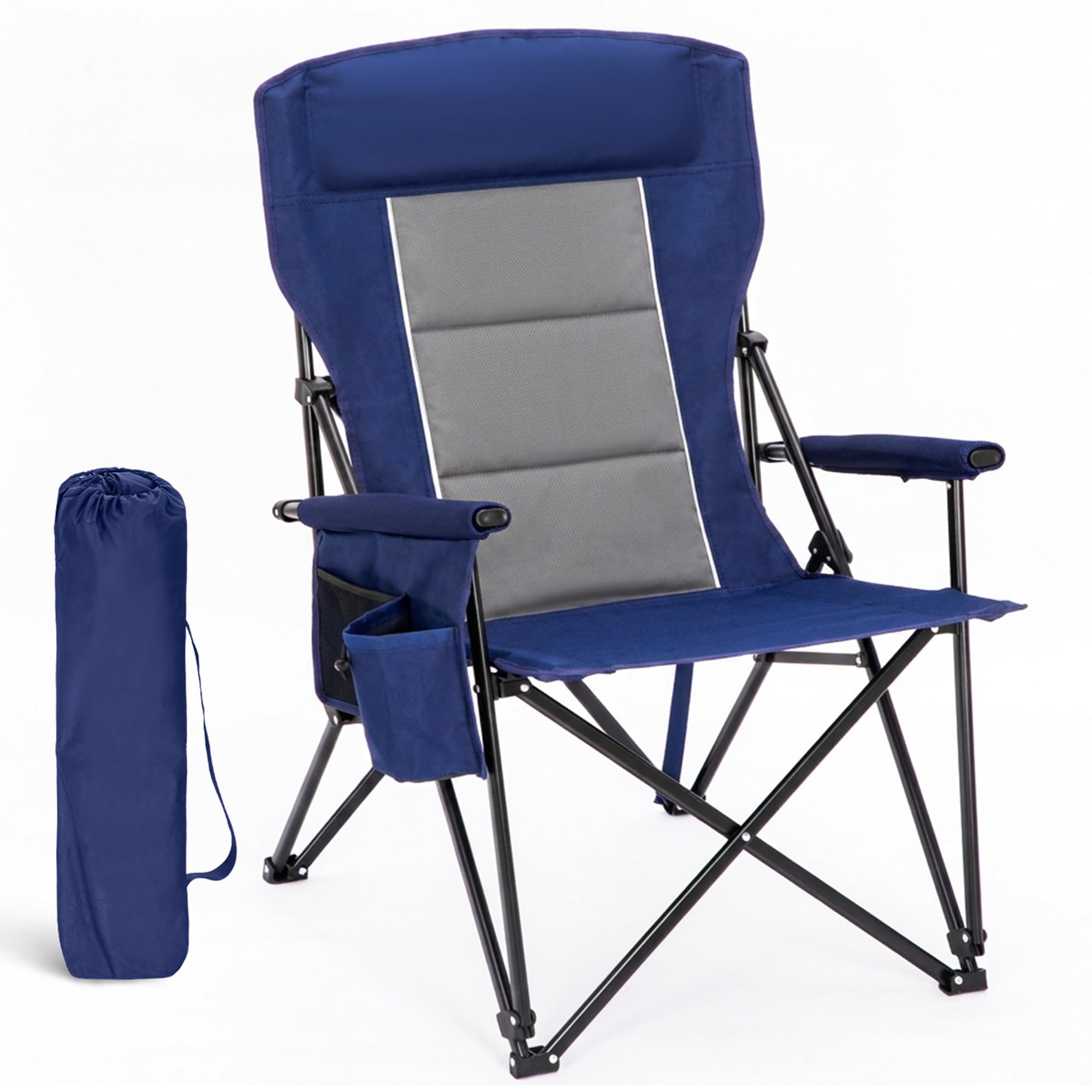 HIGH POINT SPORTS Campingstuhl Faltbar 225kg Klappstuhl Gepolstert Blau | Outdoorstuhl mit Kopfstütze Getränkehaltern Faltbarer Angelstuhl XXL mit Armlehnen