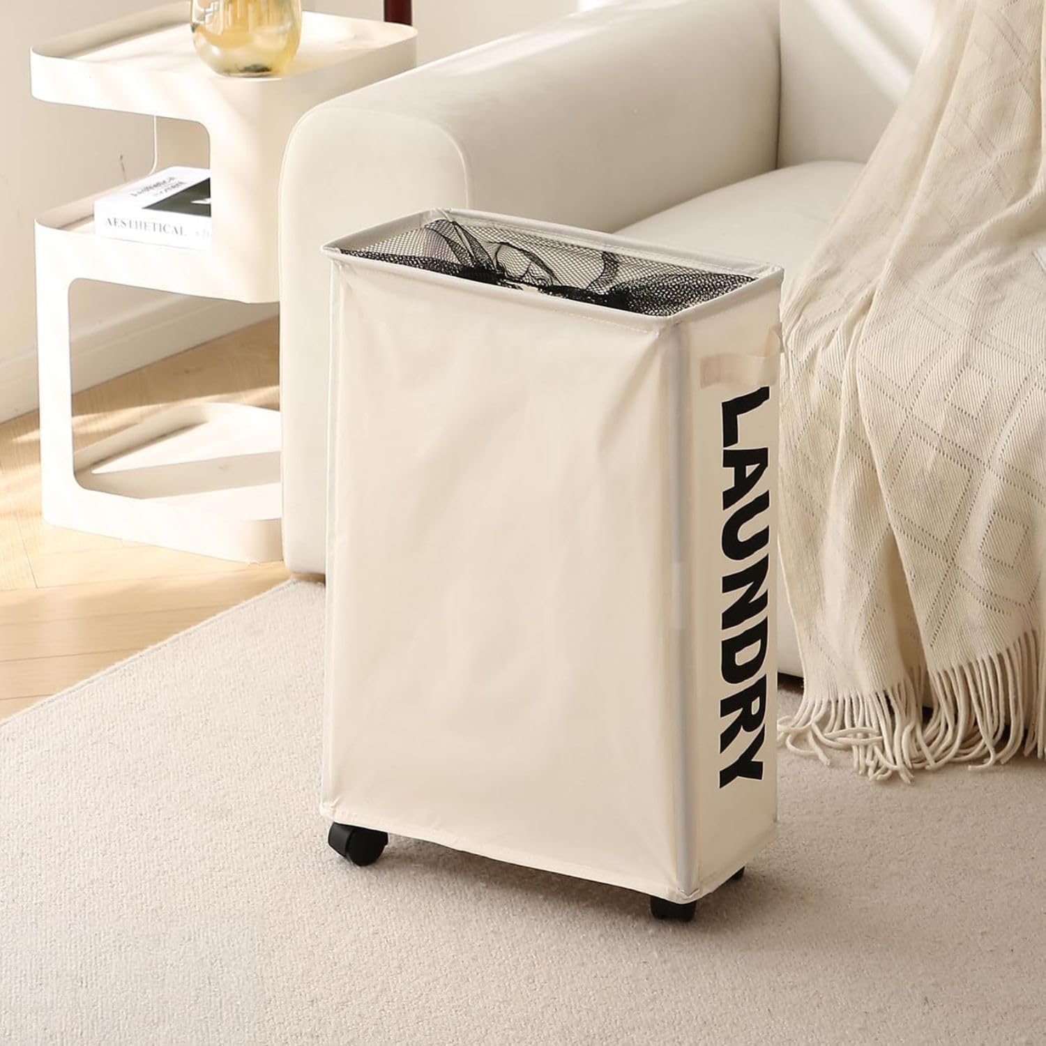 Rolling Laundry Basket with Lid - HOKIPO Cream -1