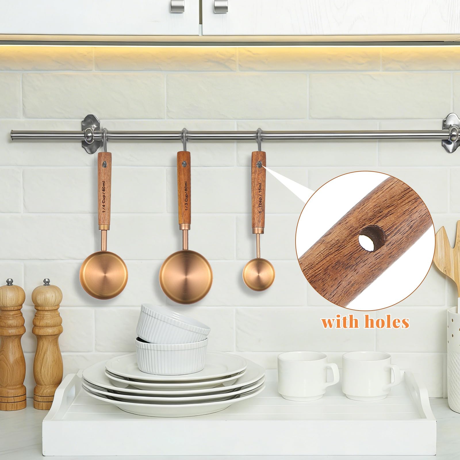 POPETPOP Ensemble de 8 Cuillères Et Tasses à Mesurer - Acier Inoxydable avec Manches en Bois - Outils de Mesure Précis pour La Cuisine, Le Café, La Pâtisserie Et La Cuisine