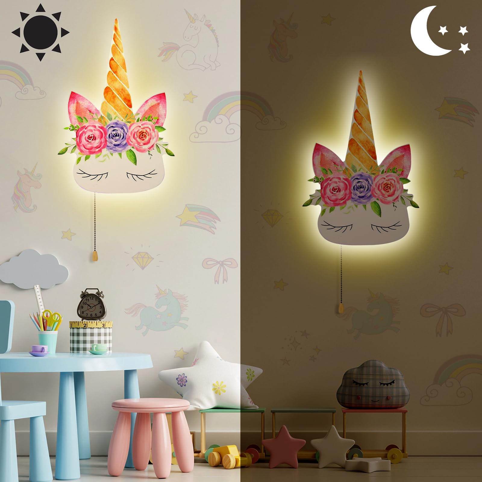 Kids Wall Lamp Sleeping Nursery Lighting Floating Battery Operated Hanging Lamp for Baby Boys Girls Bedroom Room Nursery Wall Decorations(Unicorn)