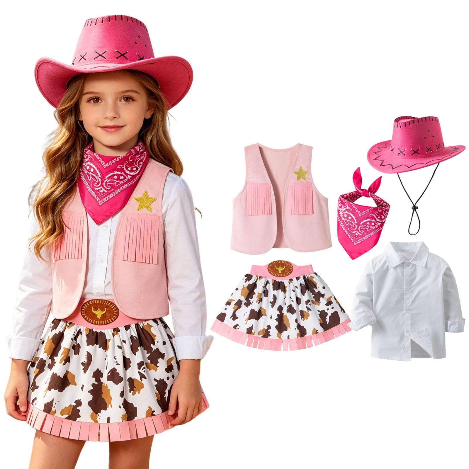 Girls Western Cowgirl Costume Set Kids Pink Fringe Waistcoat Cow Print Skirt Cowboy Hat Bandana White Shirt Complete Outfit for Fancy Dress Halloween Party Holiday Performance (6-7 Years)