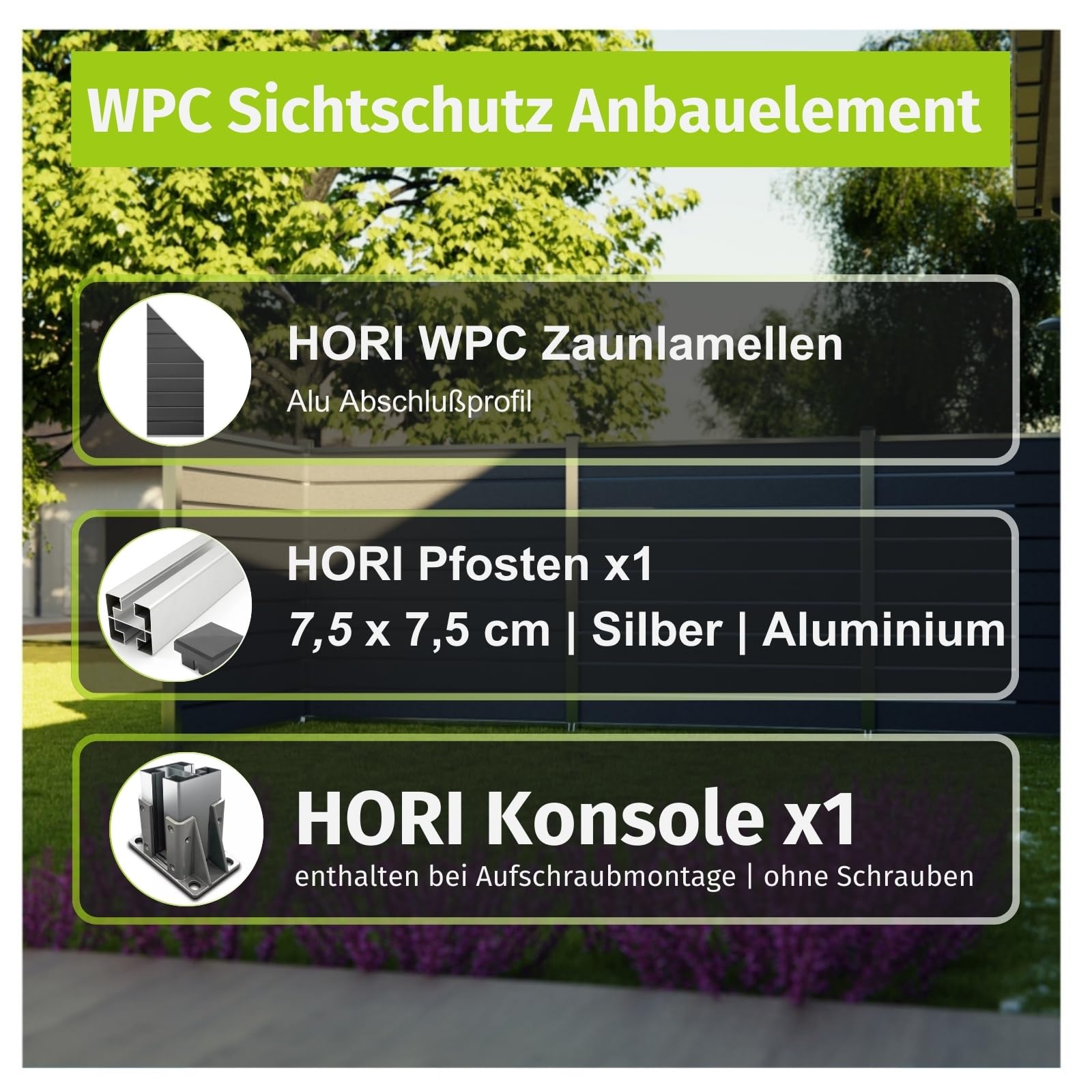 HORI WPC Sichtschutz Zaunelement Schräg – 90x180 Cm, Anthrazit, Pflegeleicht & Witterungsbeständig